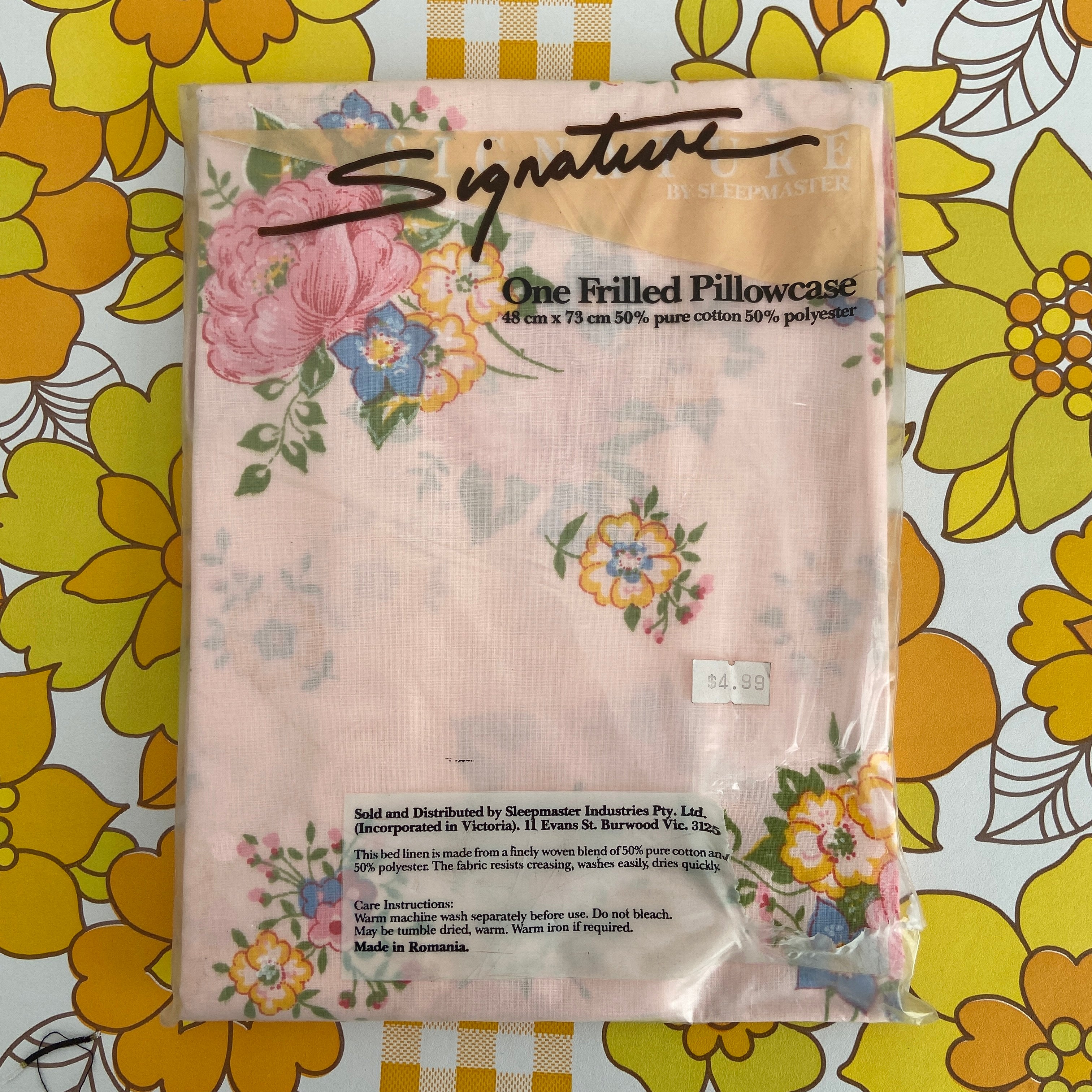 One Frilled Pillow Case Retro Pink Floral Girls Bedroom