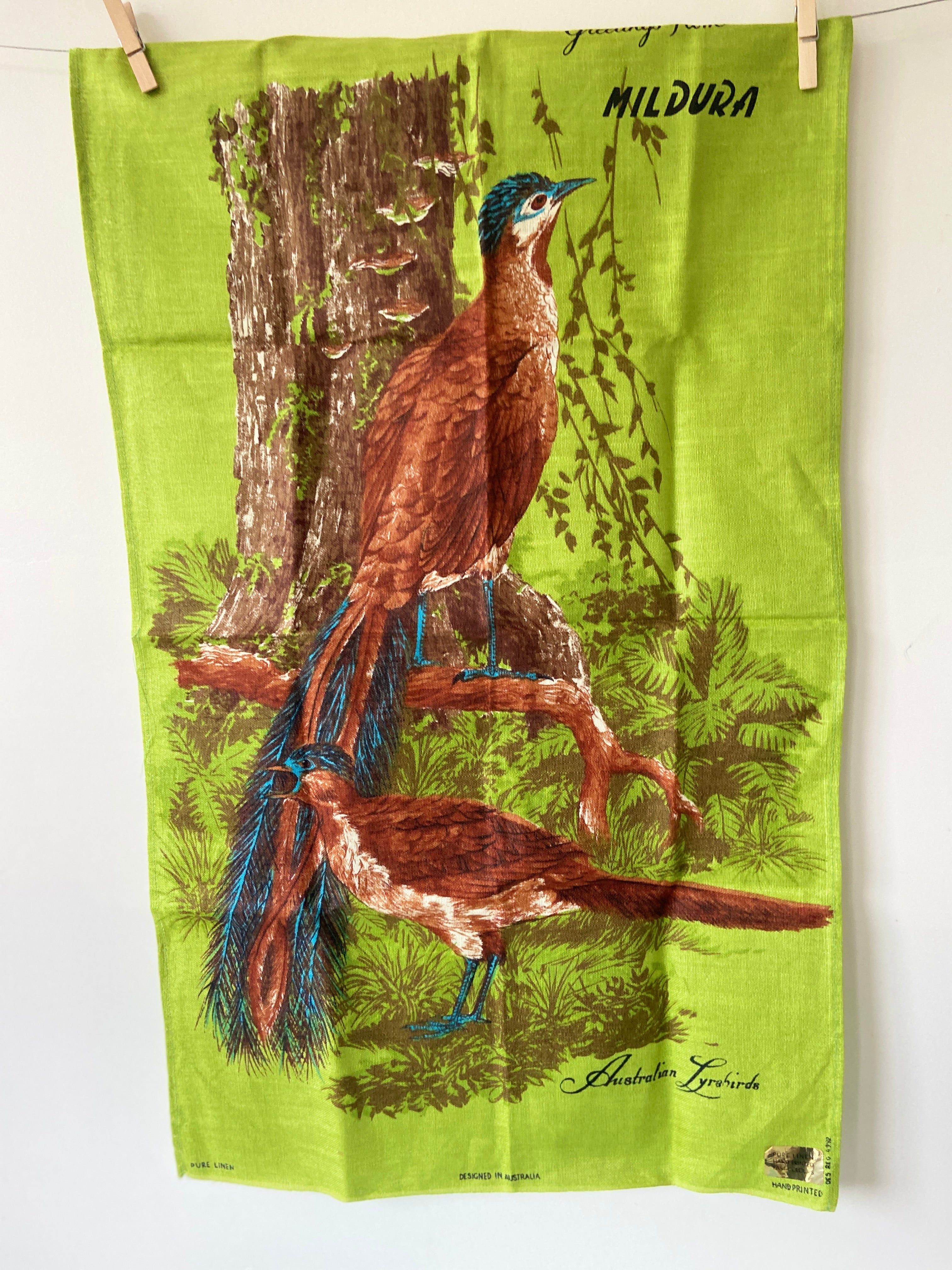 NOS Mildura Unused Vintage Tea Towel Lyrebirds