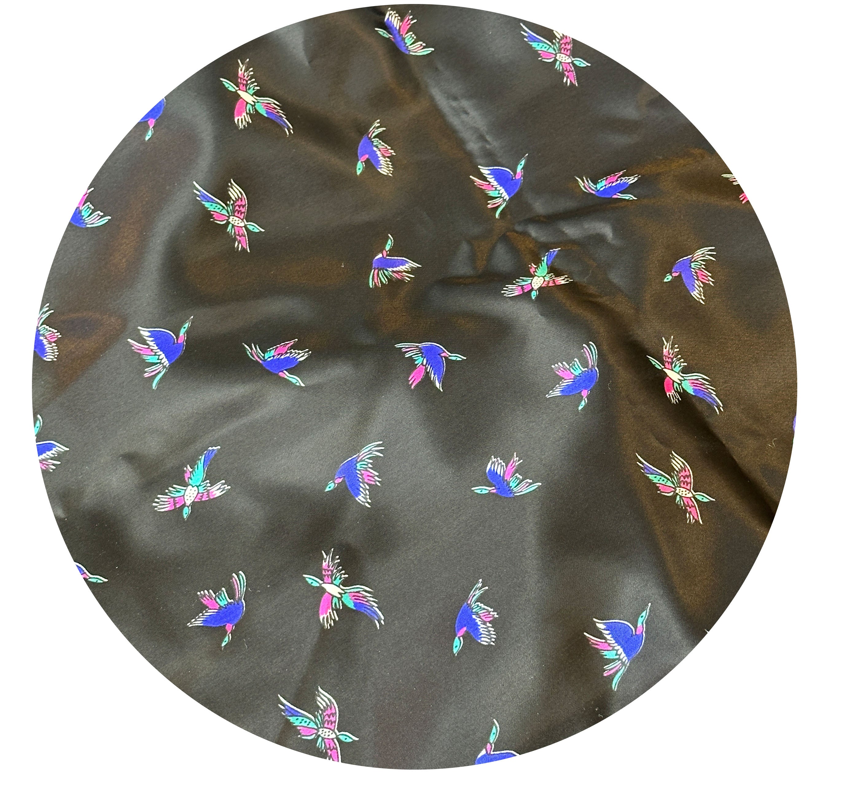 360cms Jet Black Birds Satin Fabric