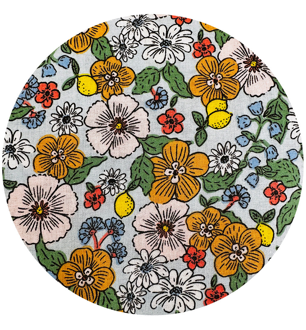 150cms Sourced from Spain Cotton Floral Fabric Light Blue