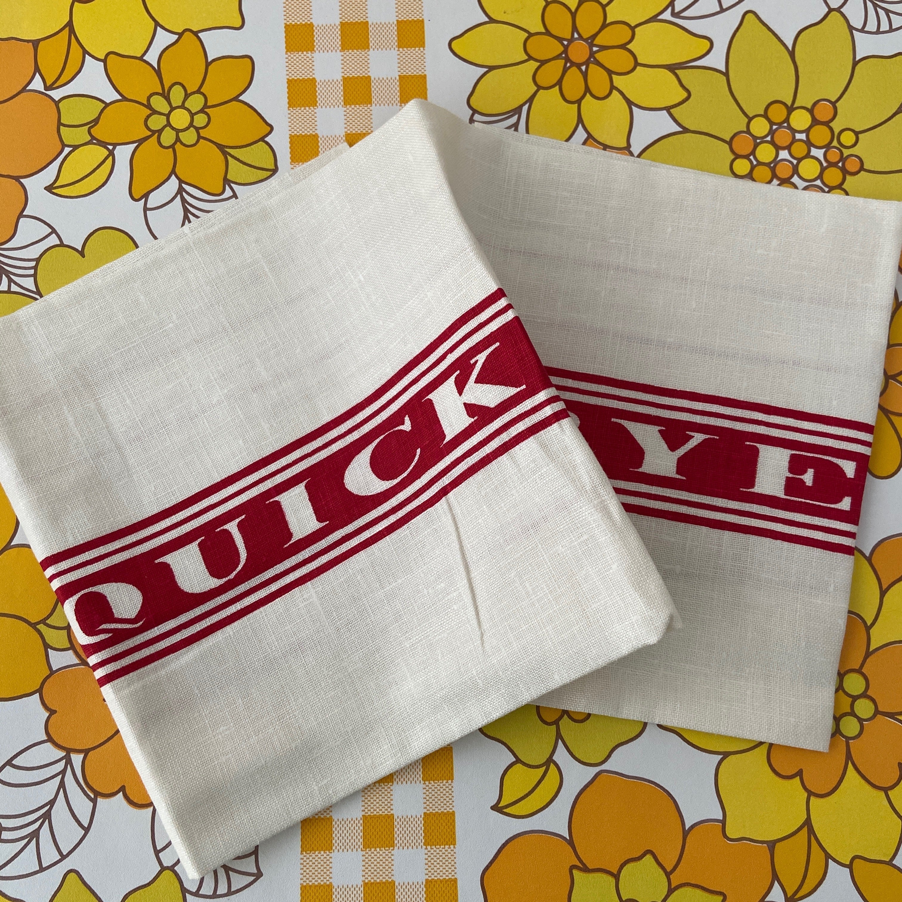 RED Linen Vintage Quick Dry Tea Towel Red & White