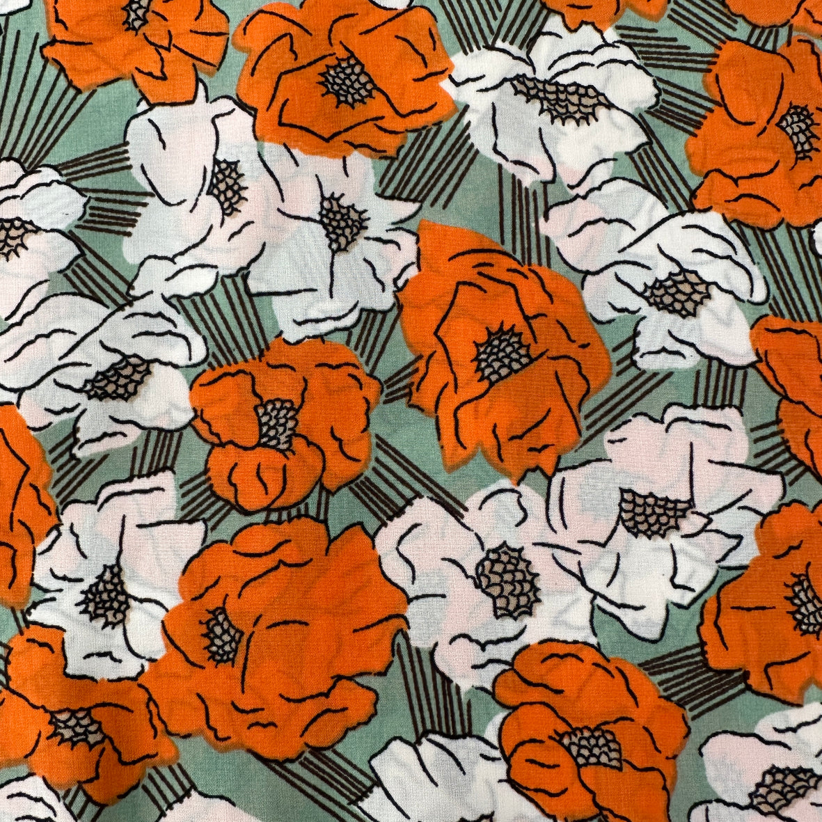 140cms Pretty Floral Fabric Green & Orange