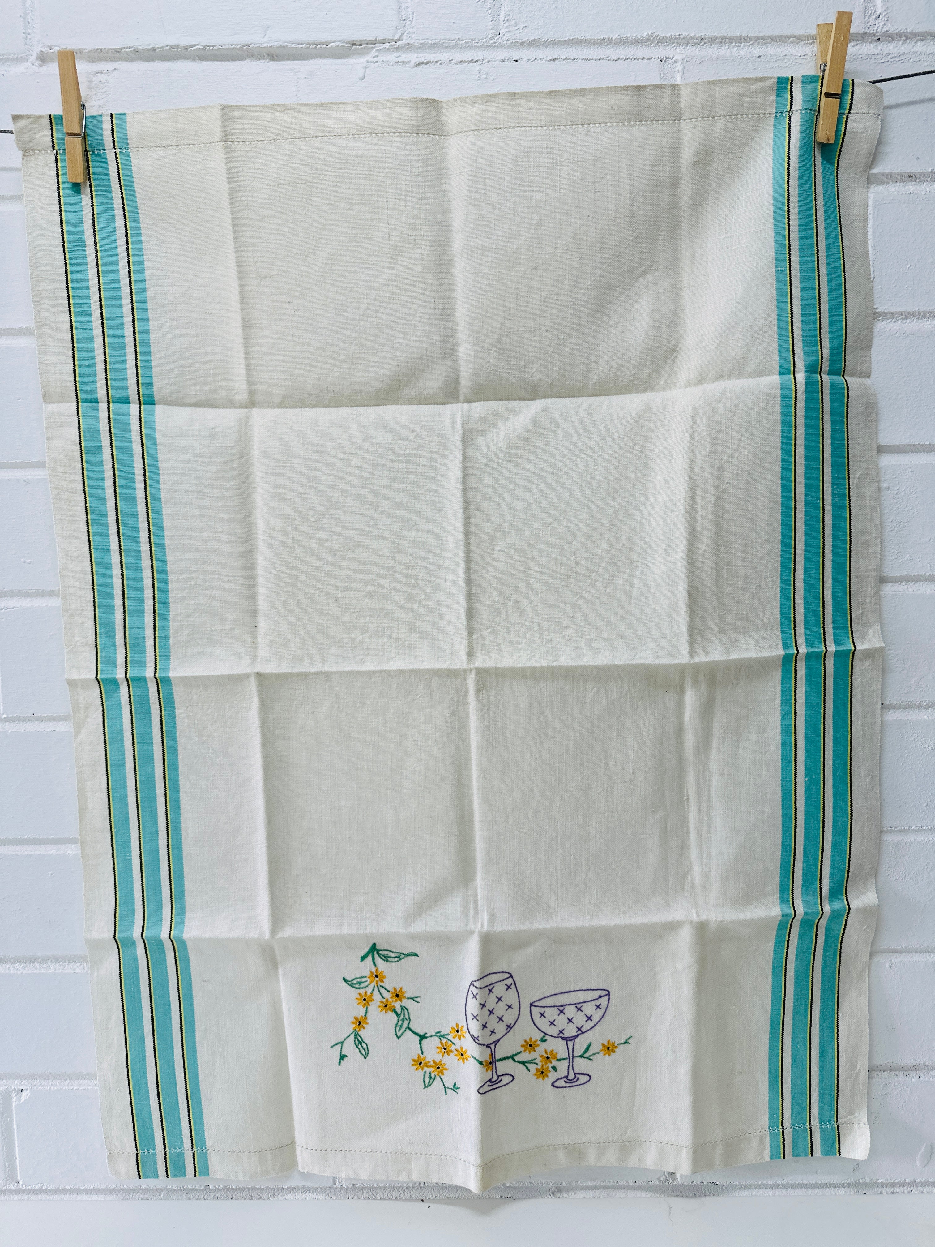 Vintage Linen Tea Towel Embroidered