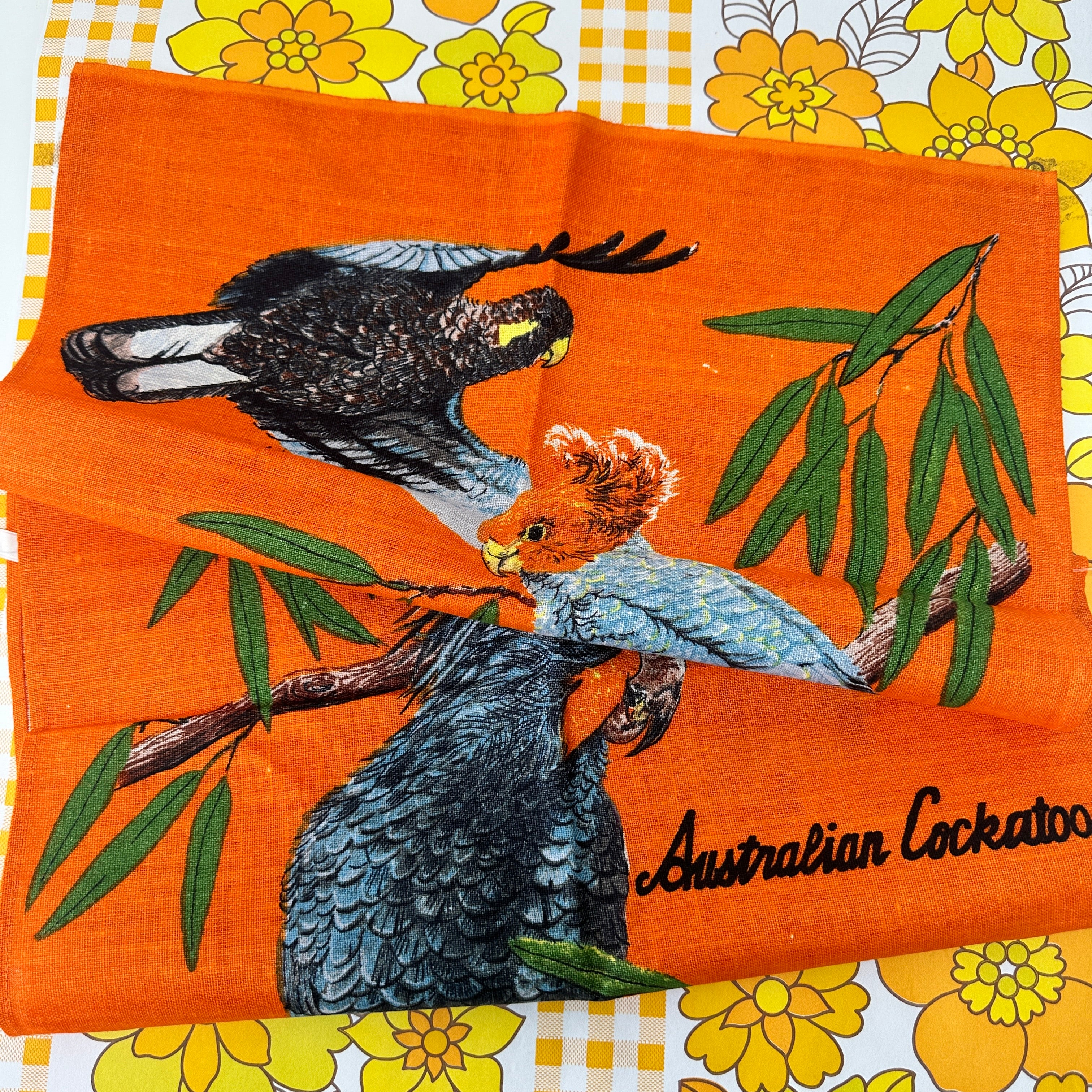 UNUSED Linen Vintage Australian Cockatoos Tea Towel