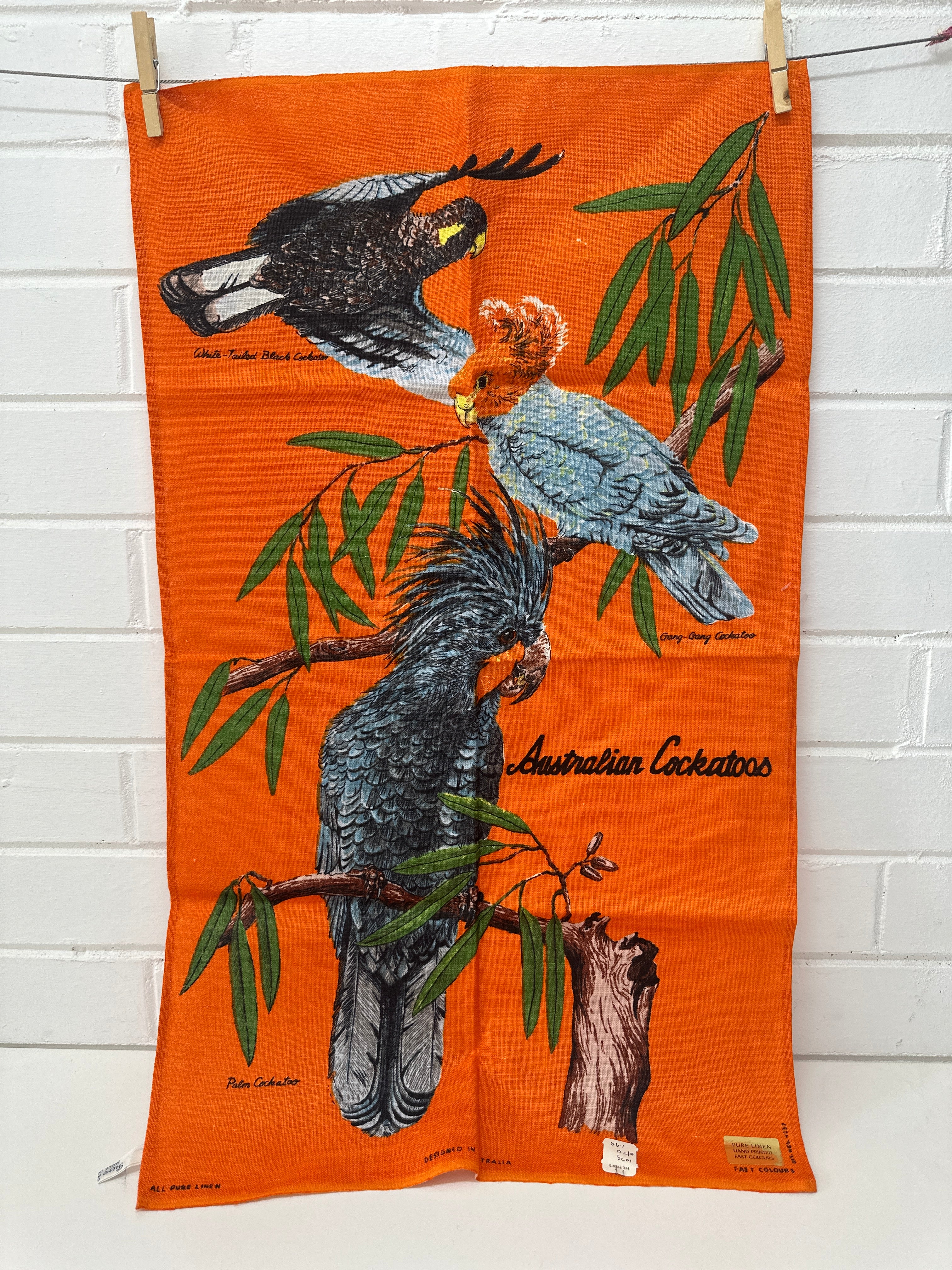 UNUSED Linen Vintage Australian Cockatoos Tea Towel