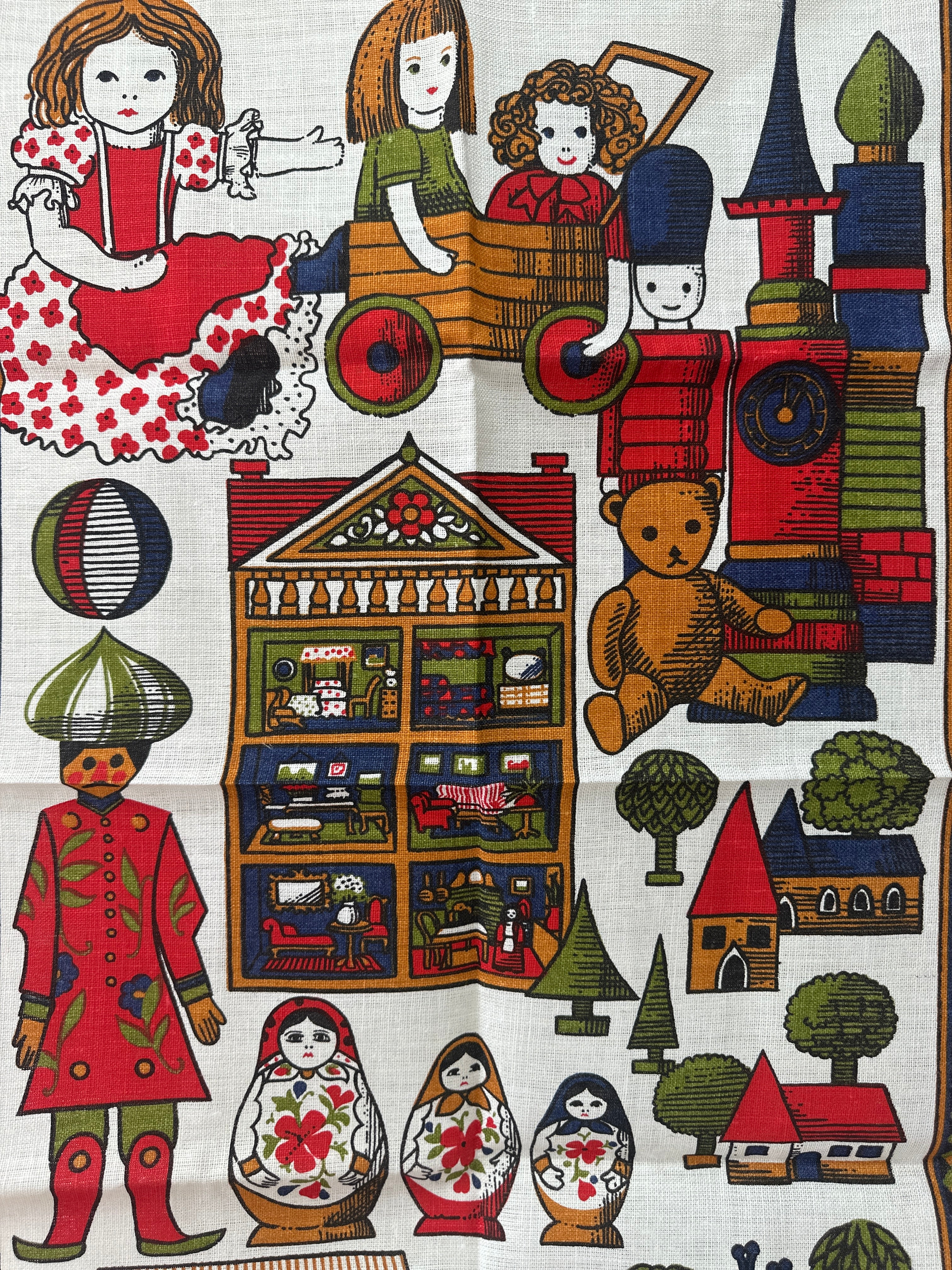 Linen UNUSED Toys of The World Tea Towel