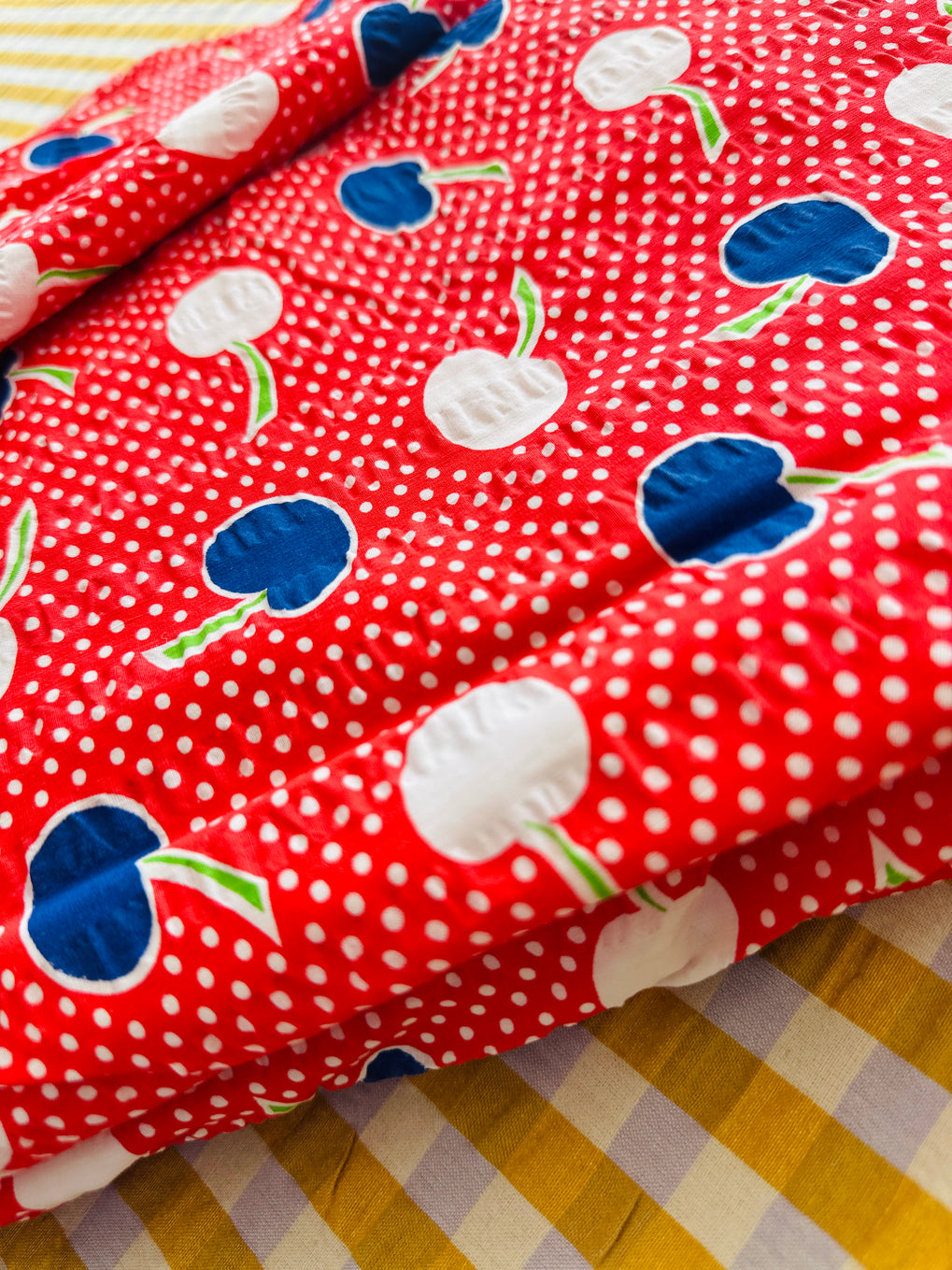 Sold Per Metre Vintage Fabric Red Polka Dot Fruit