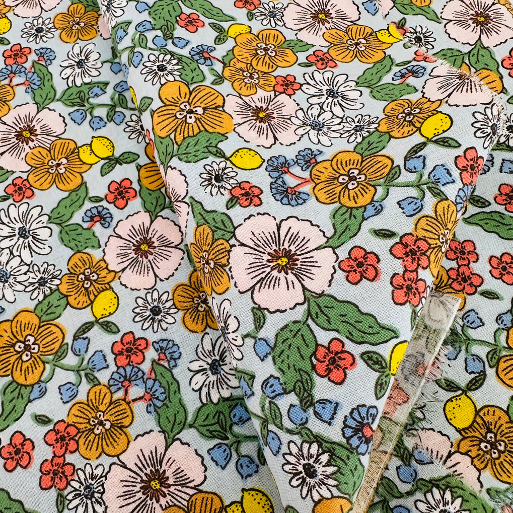 150cms Sourced from Spain Cotton Floral Fabric Light Blue