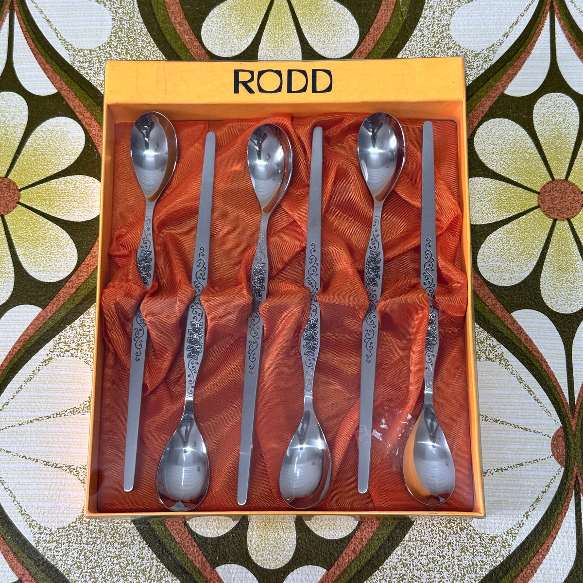 Spindle Spoon Rod RODD Spoons x 6 BOXED Retro Stainless Steel – Pink Peacock