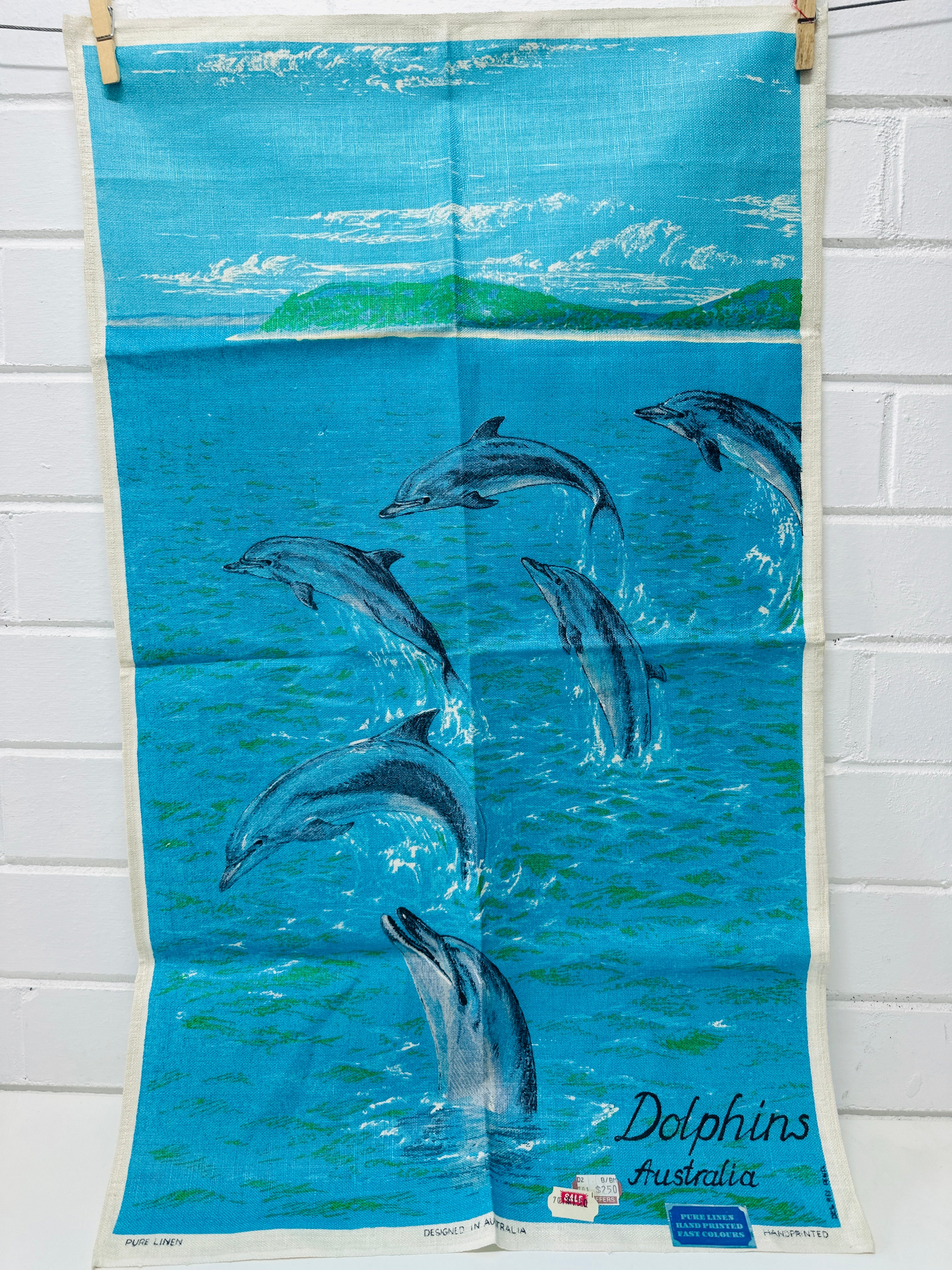 Vintage UNUSED Linen Tea Towel Dolphins Australia