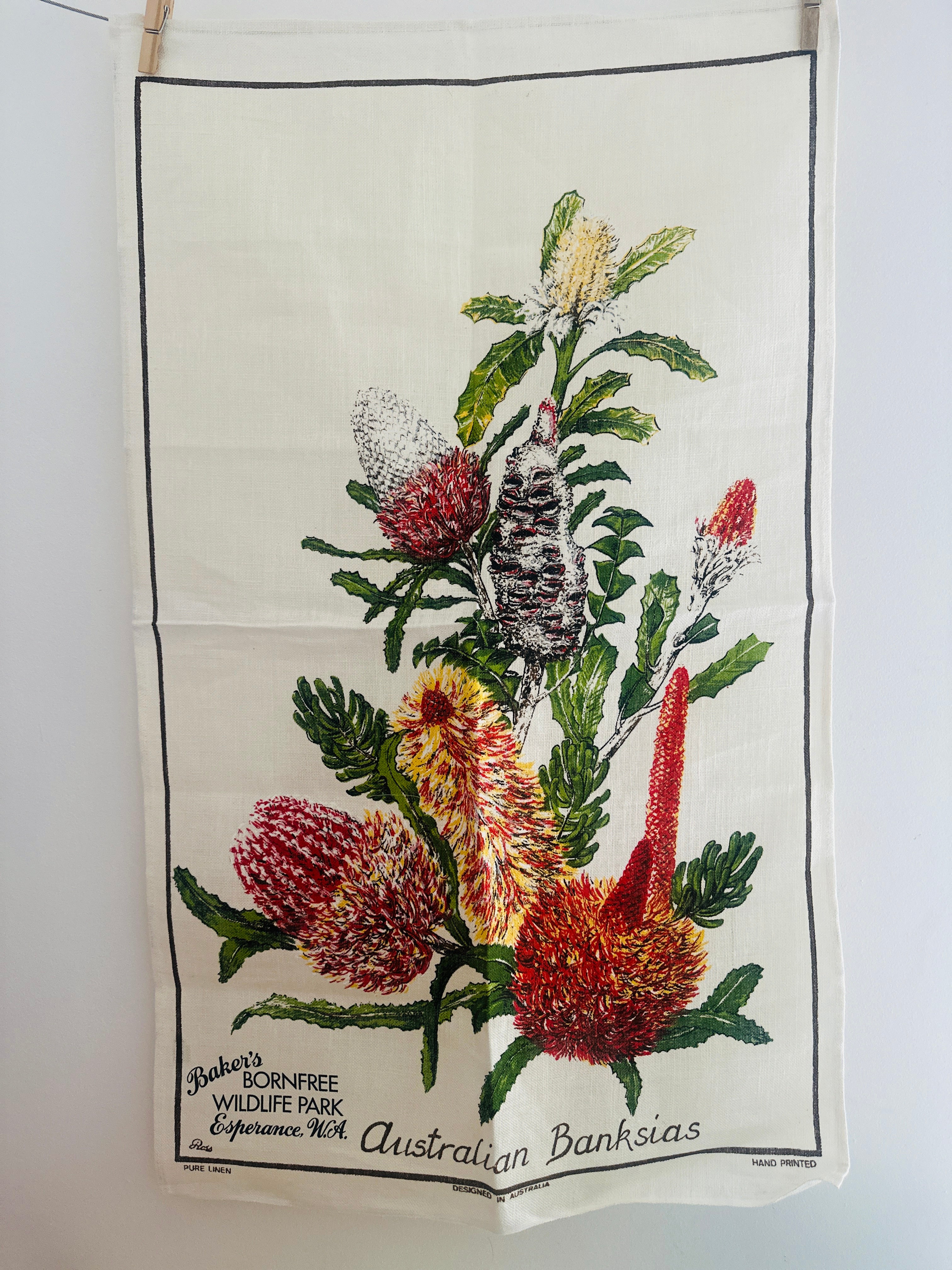 UNUSED Vintage Tea Towel Australian Banksias Linen