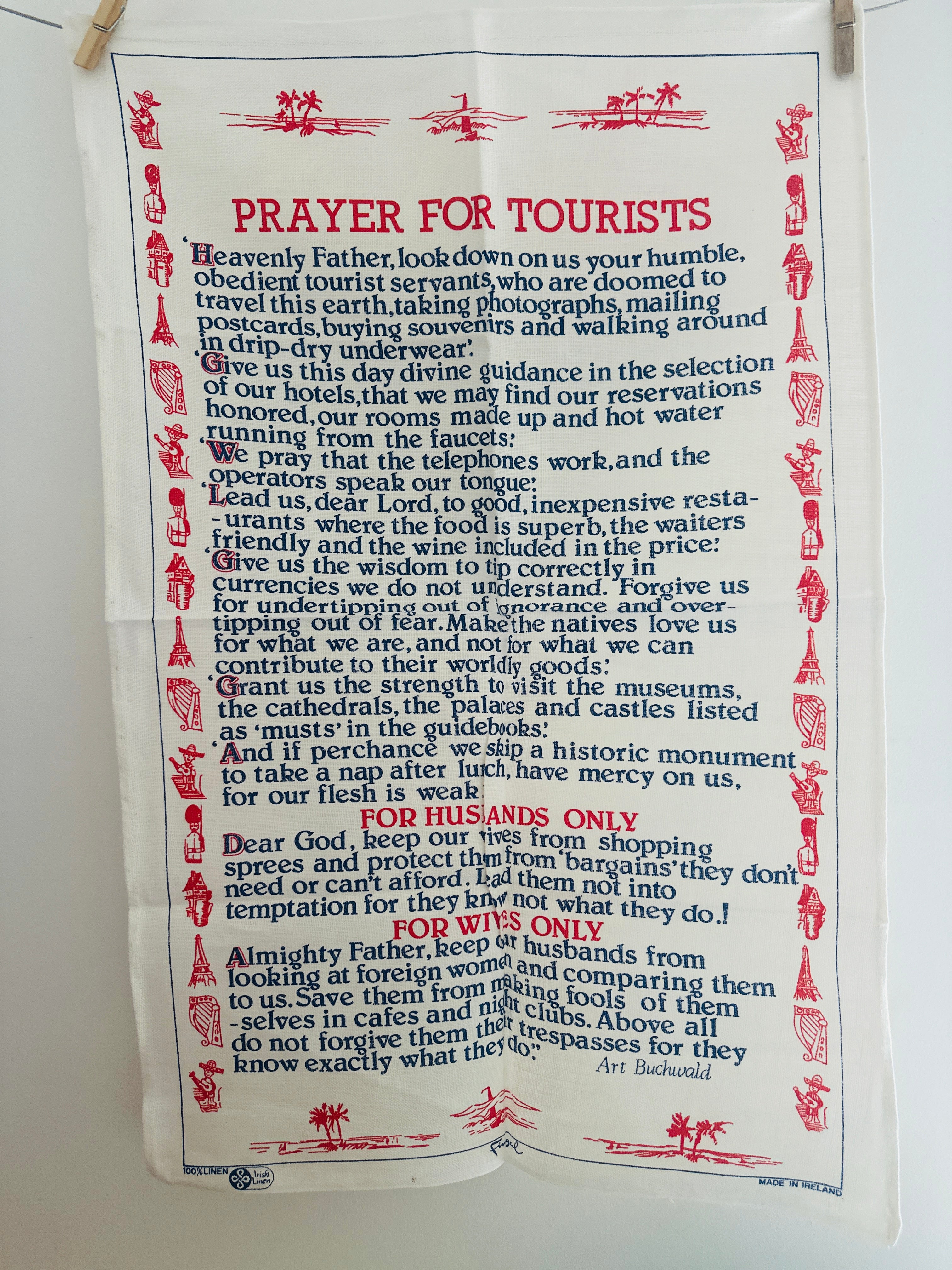 UNUSED Vintage Tea Towel Prayer for Tourists Linen