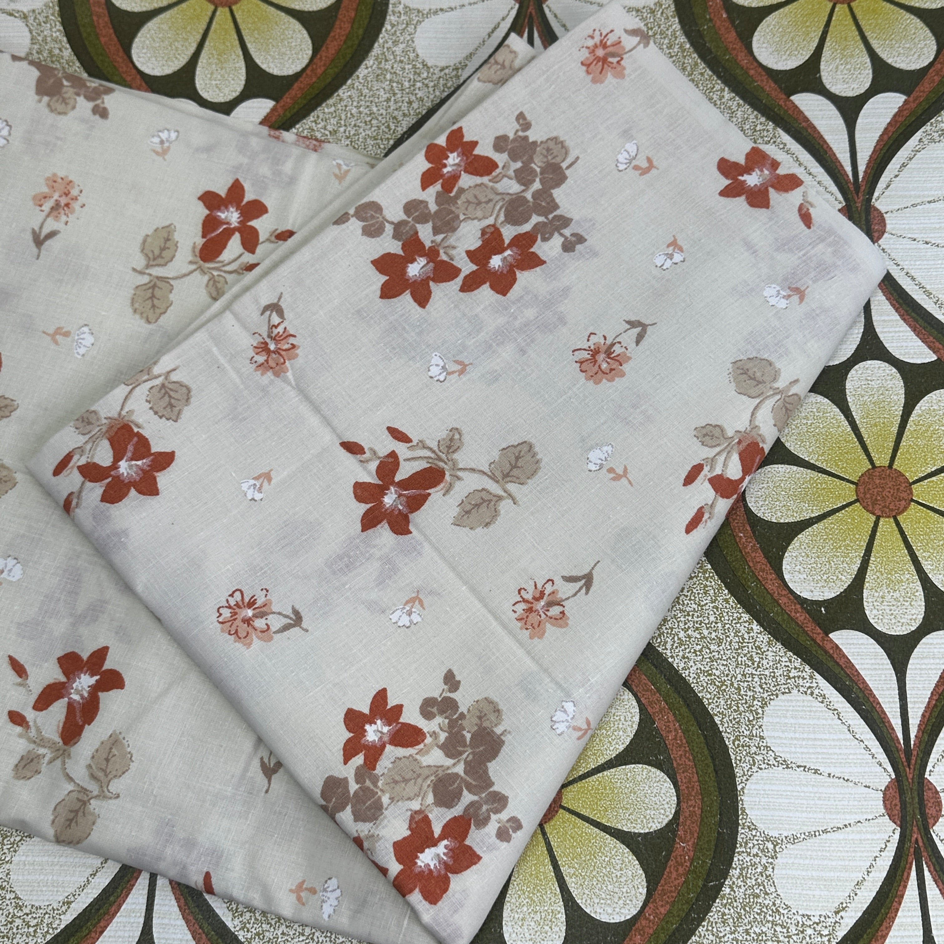 UNUSED Cotton Flat Sheet Floral Brown