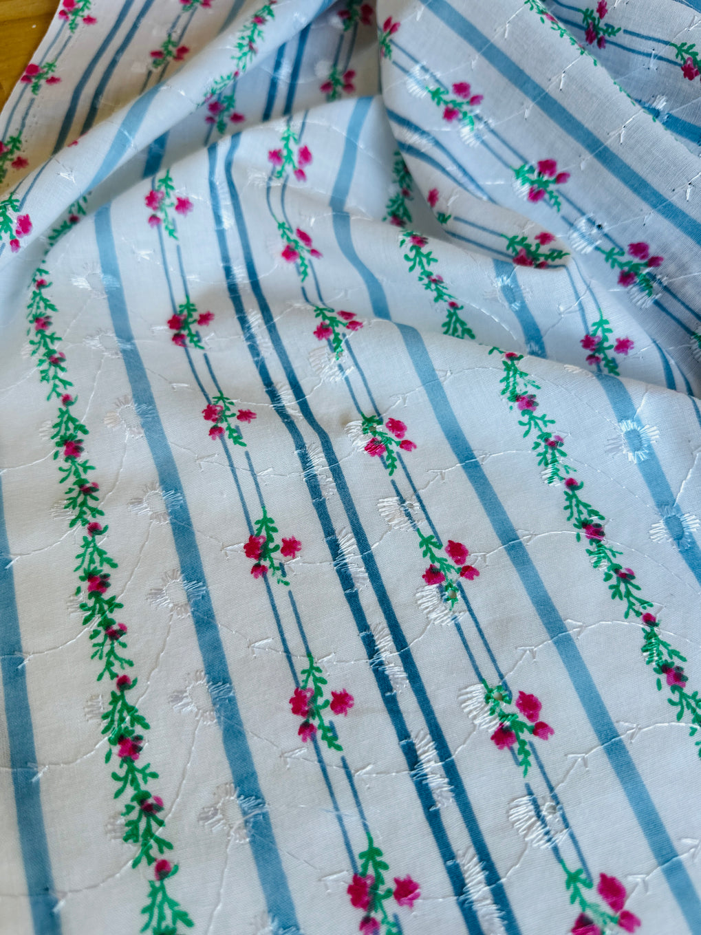 150cms Gorgeous Cotton Fabric Embroidery Sourced in Spain Blues