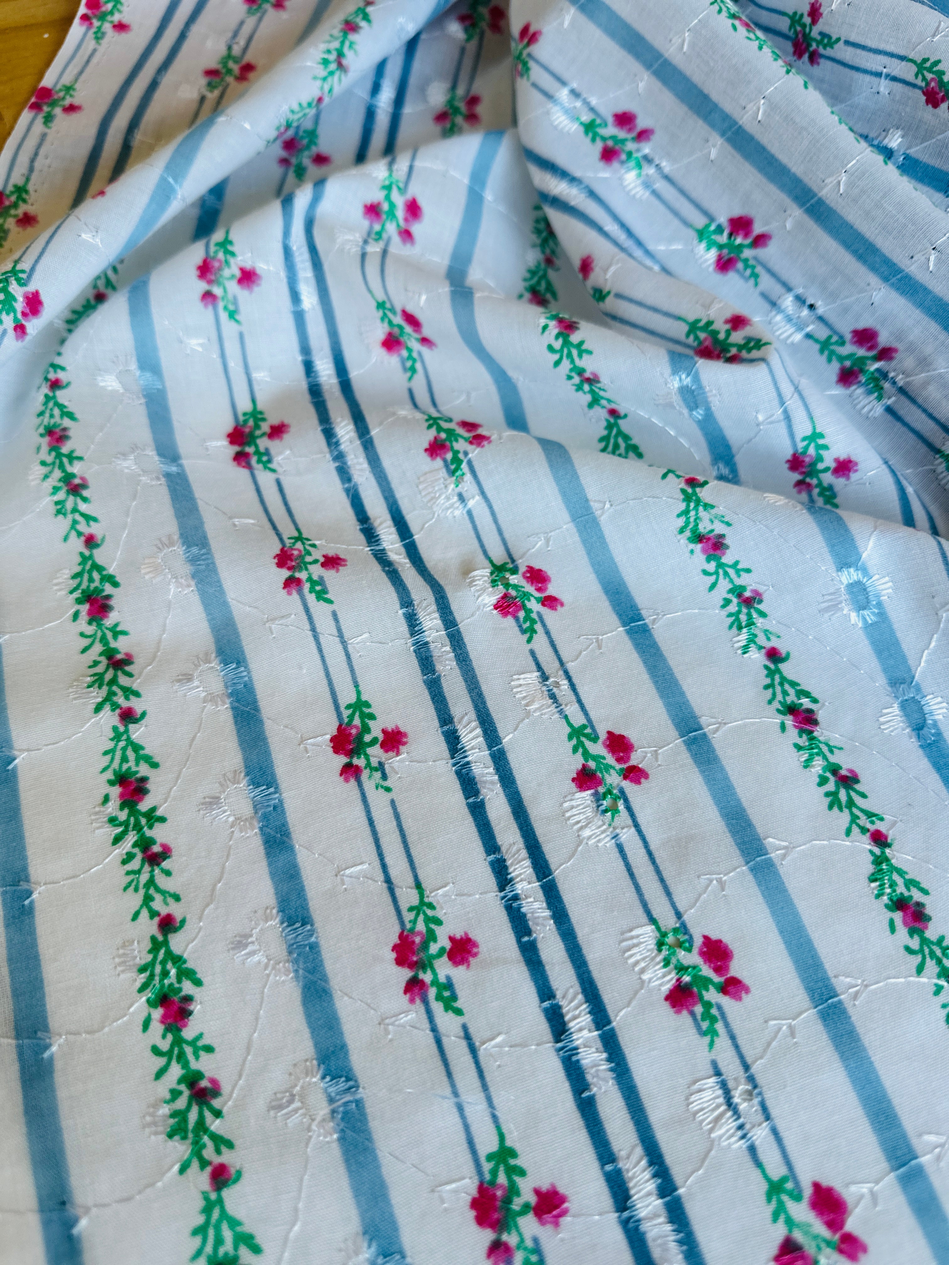 150cms Gorgeous Cotton Fabric Embroidery Sourced in Spain Blues