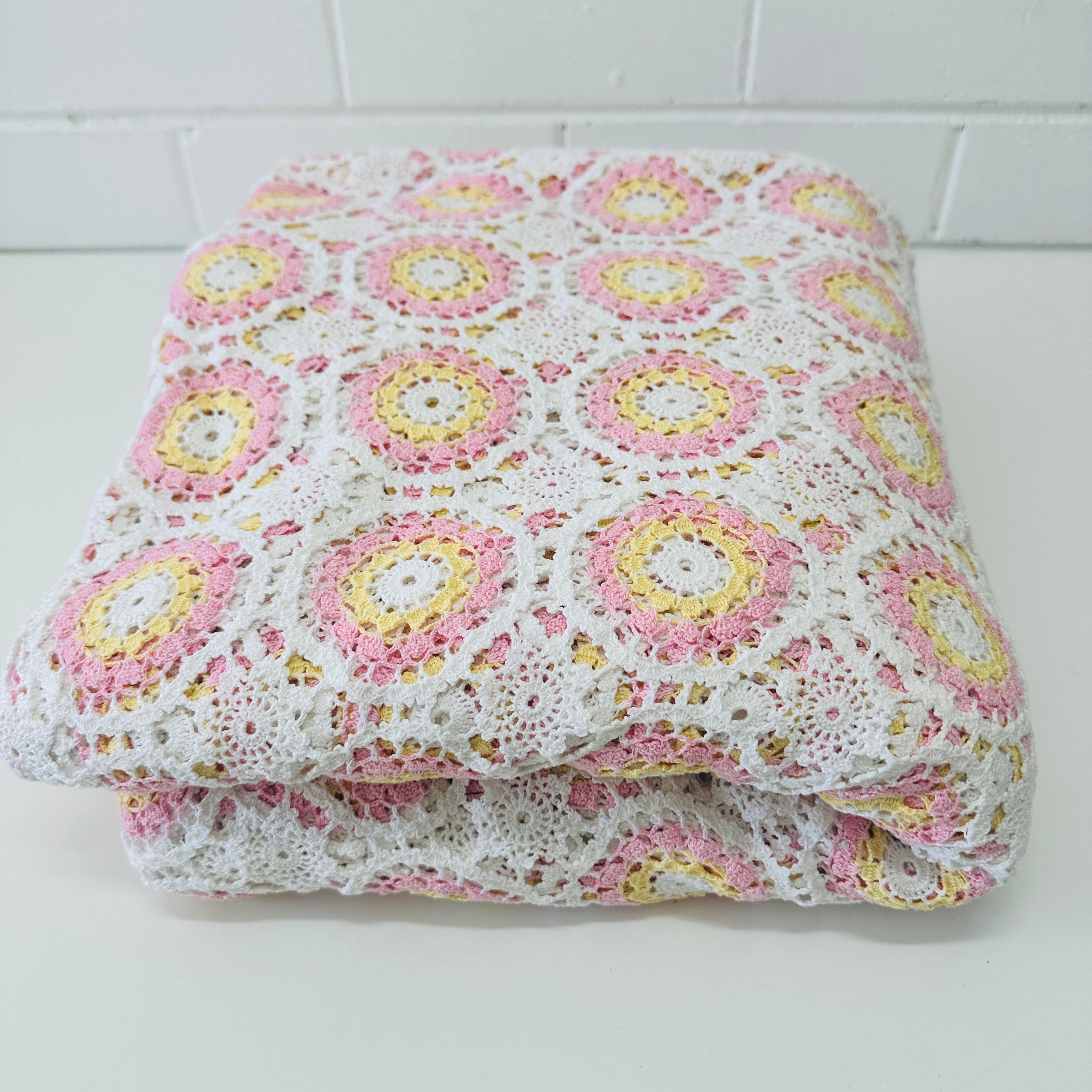 HUGE Vintage Handmade Pink & White Bedspread Tablecloth