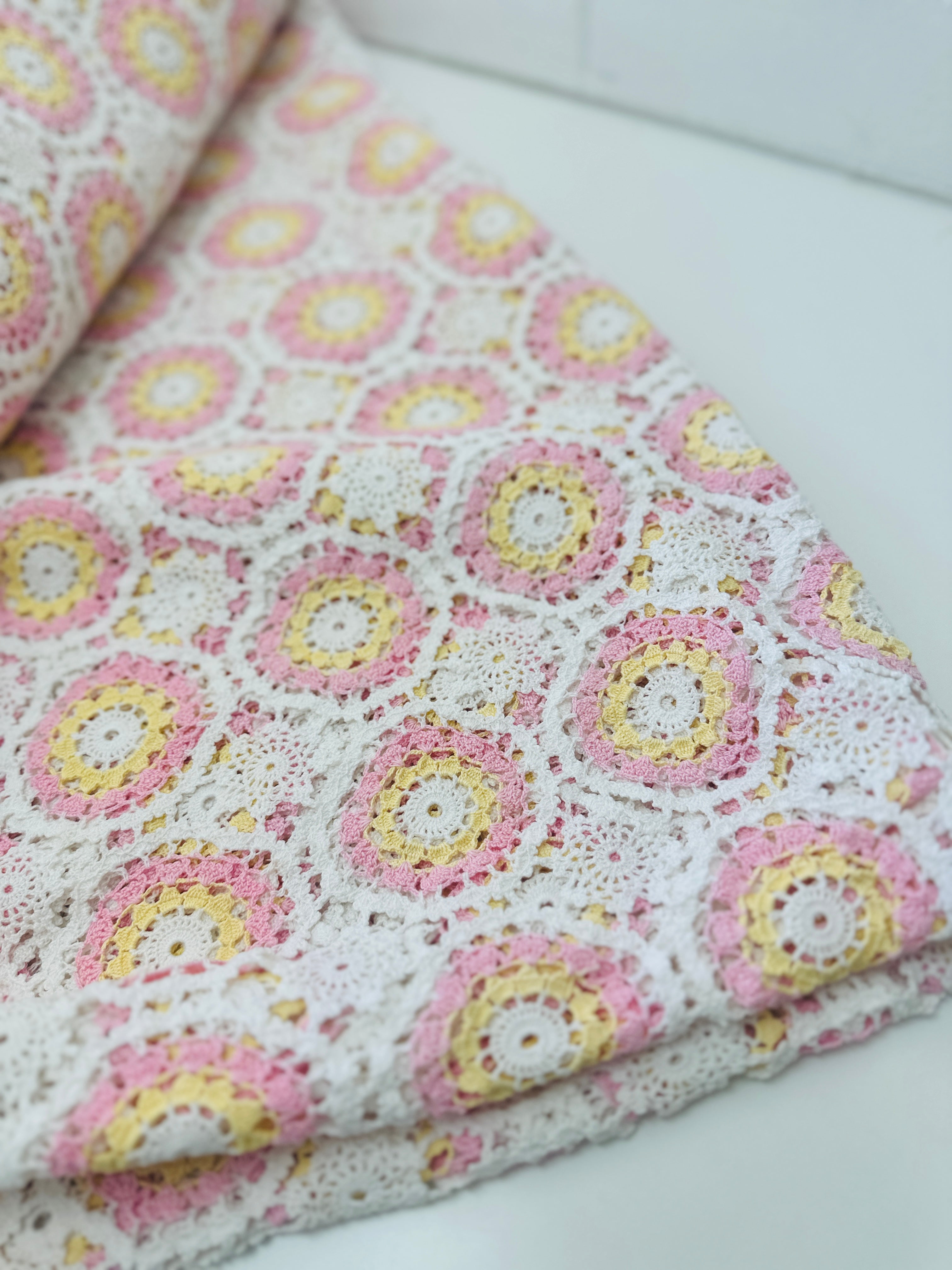 HUGE Vintage Handmade Pink & White Bedspread Tablecloth