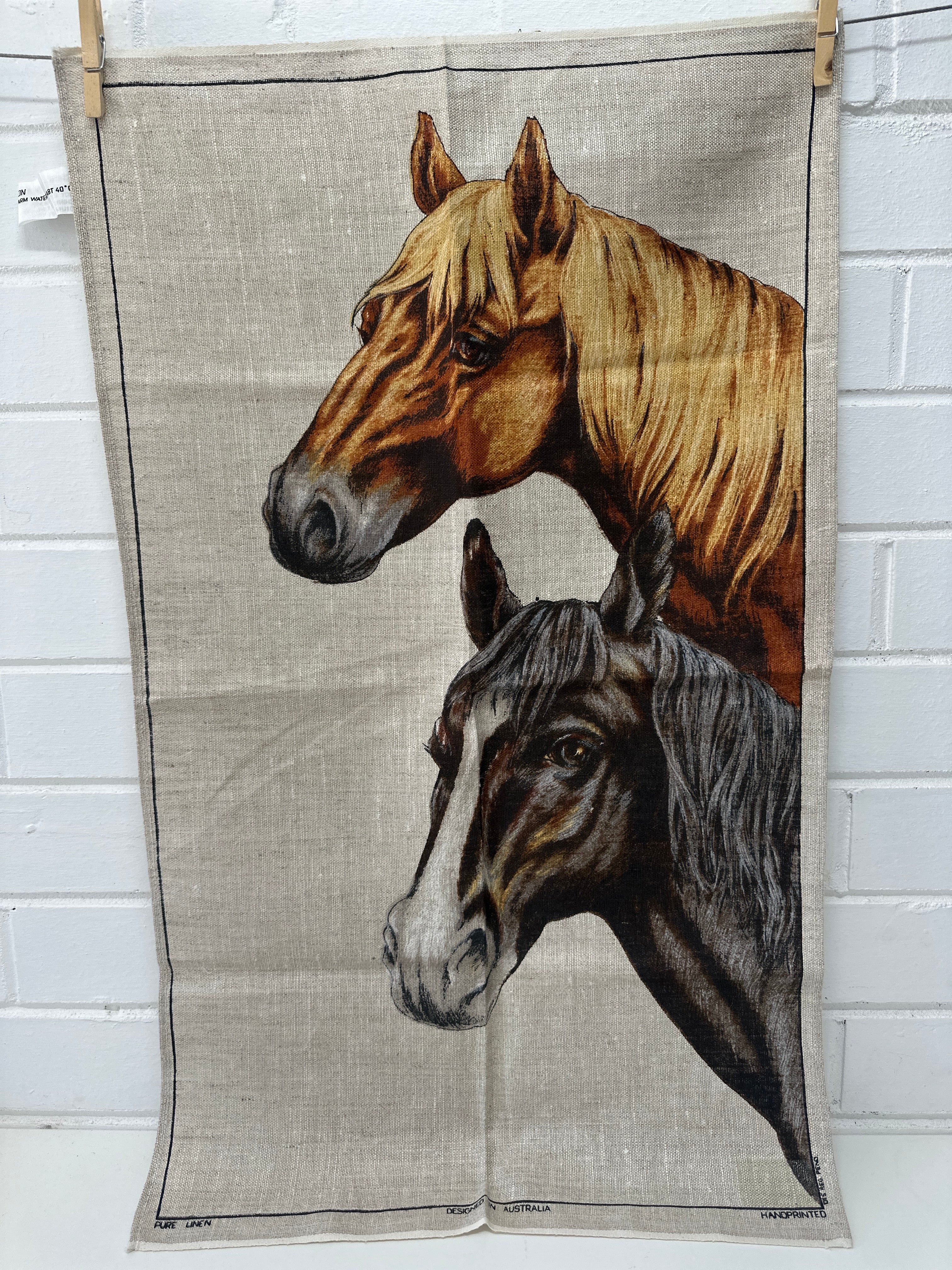 UNUSED Vintage Linen Horses Tea Towel