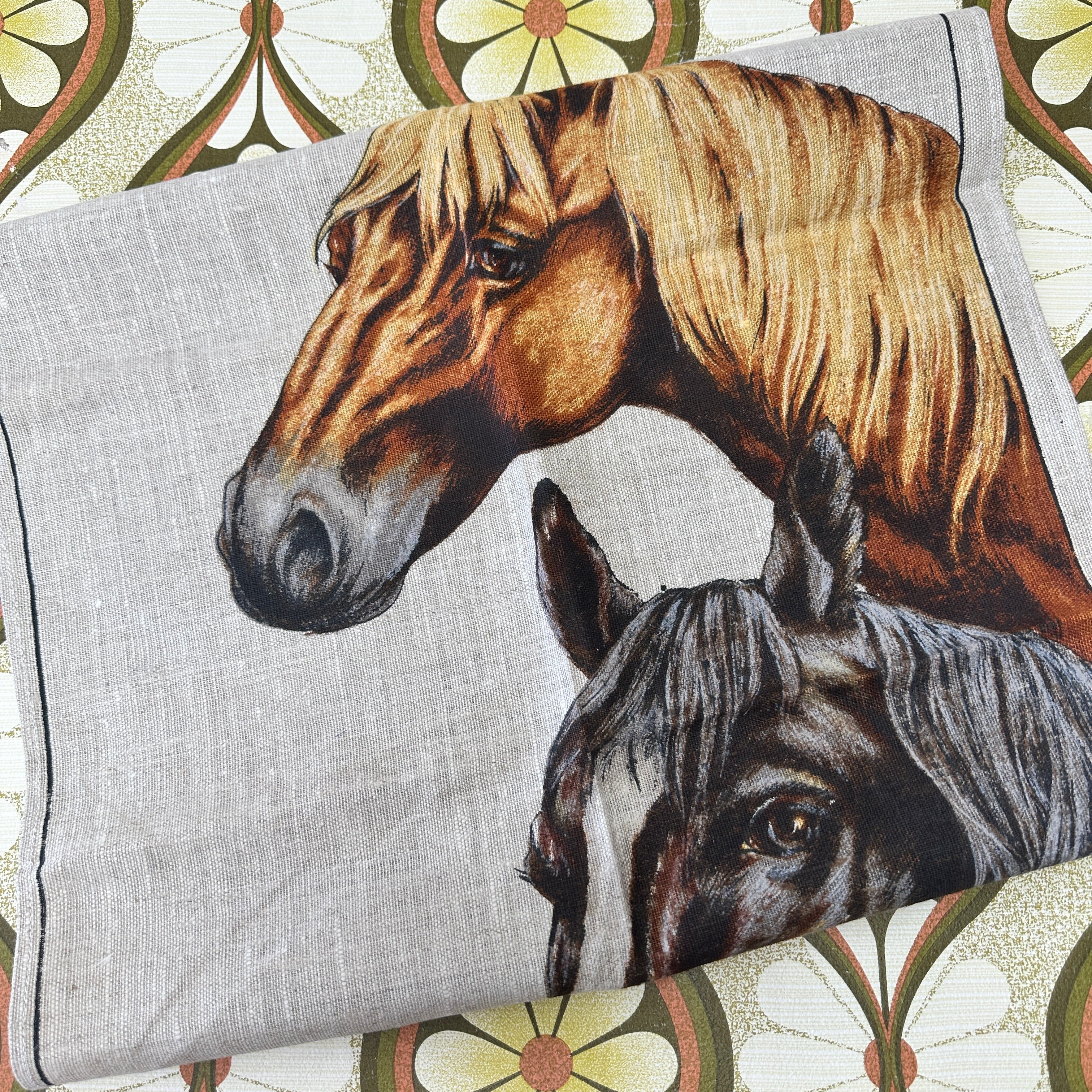 UNUSED Vintage Linen Horses Tea Towel