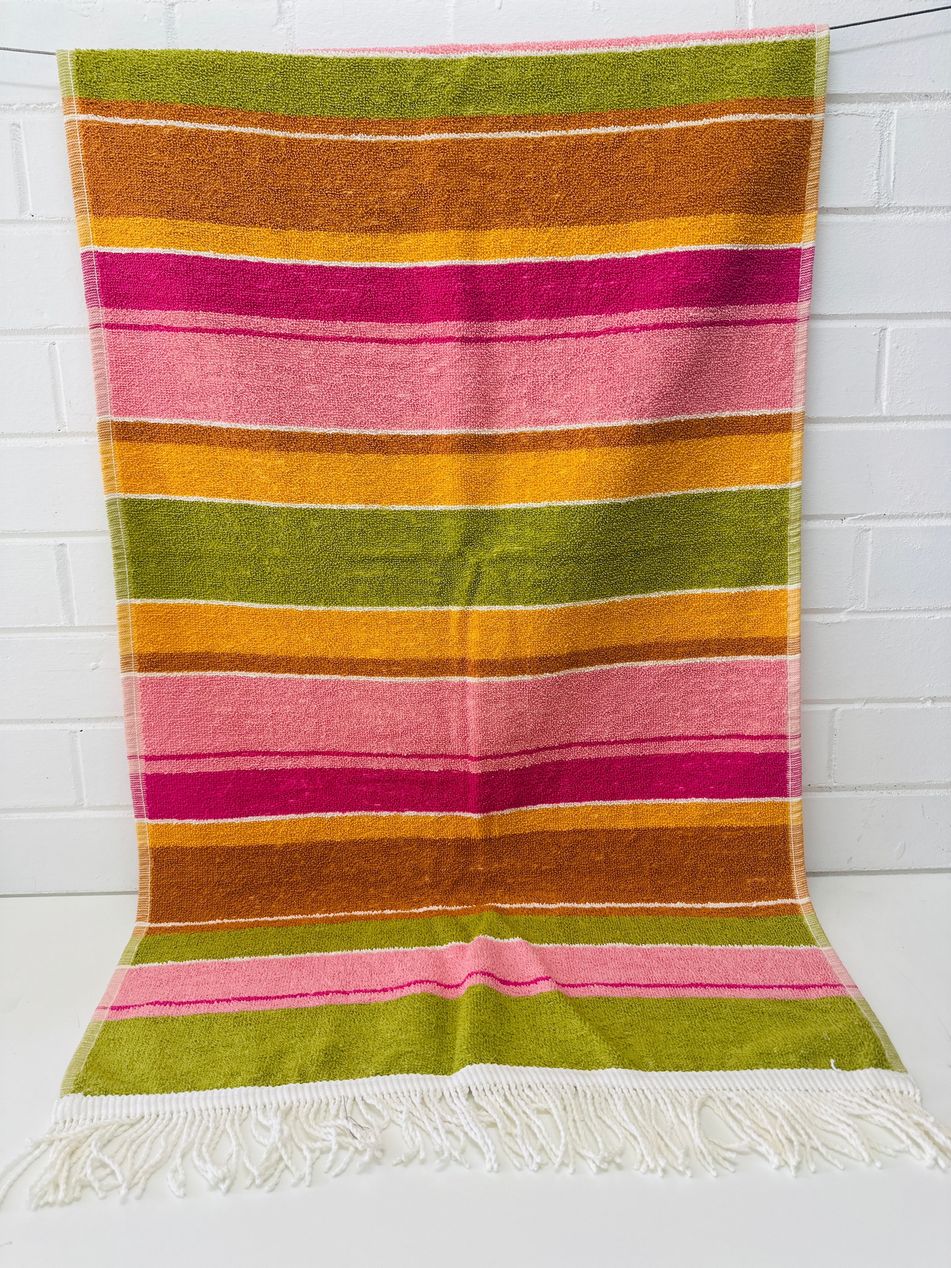 UNUSED Vintage Striped Towel with FRINGE