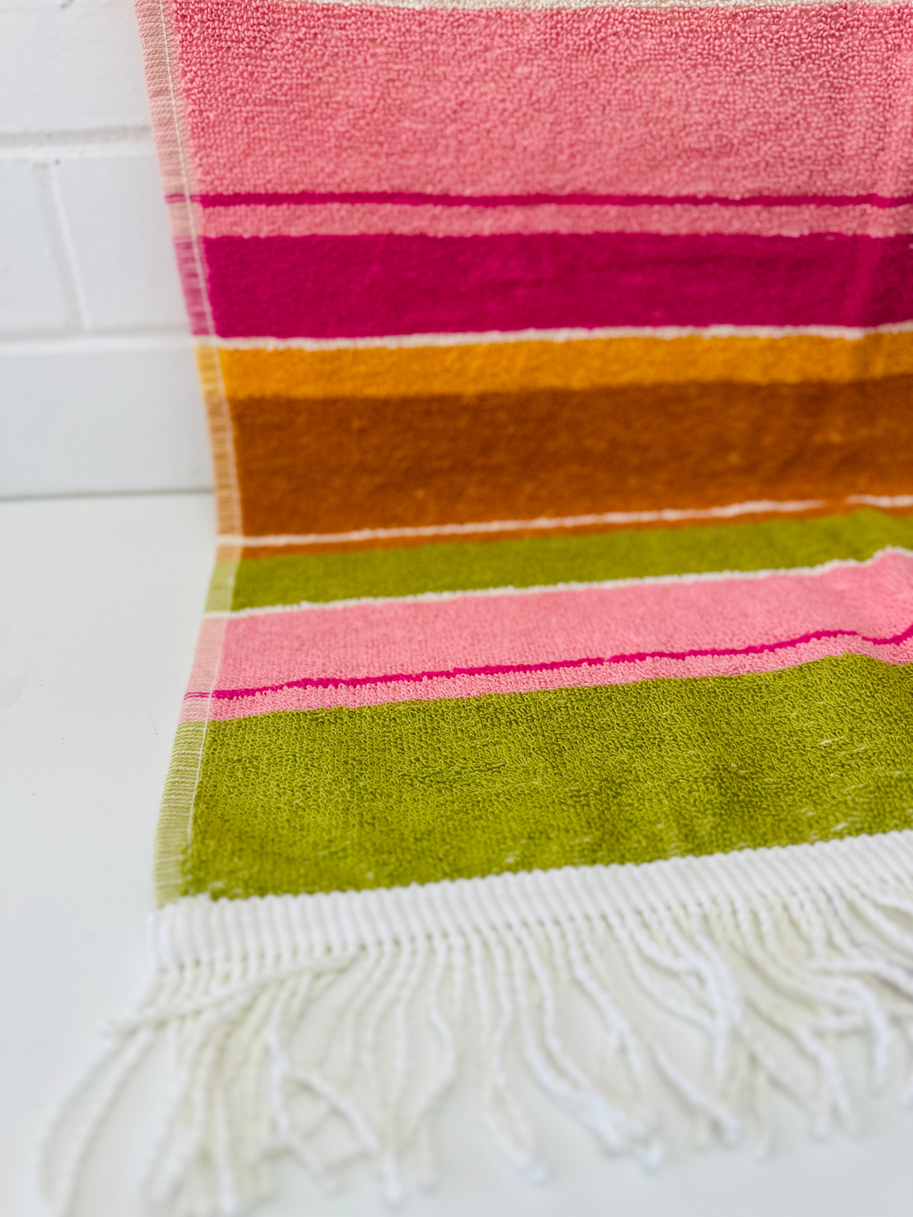 UNUSED Vintage Striped Towel with FRINGE
