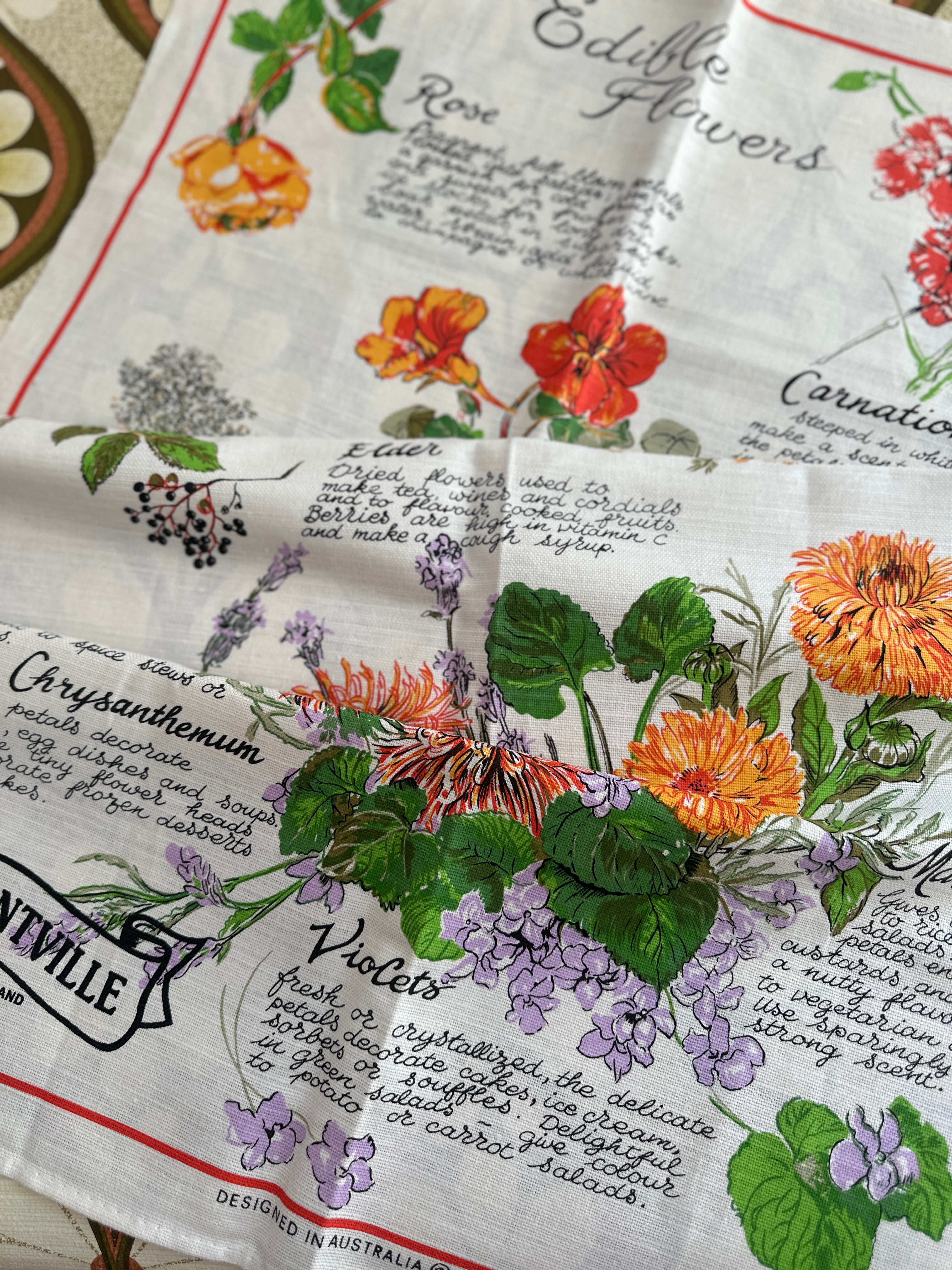 Edible Flowers Vintage Unused Tea Towel