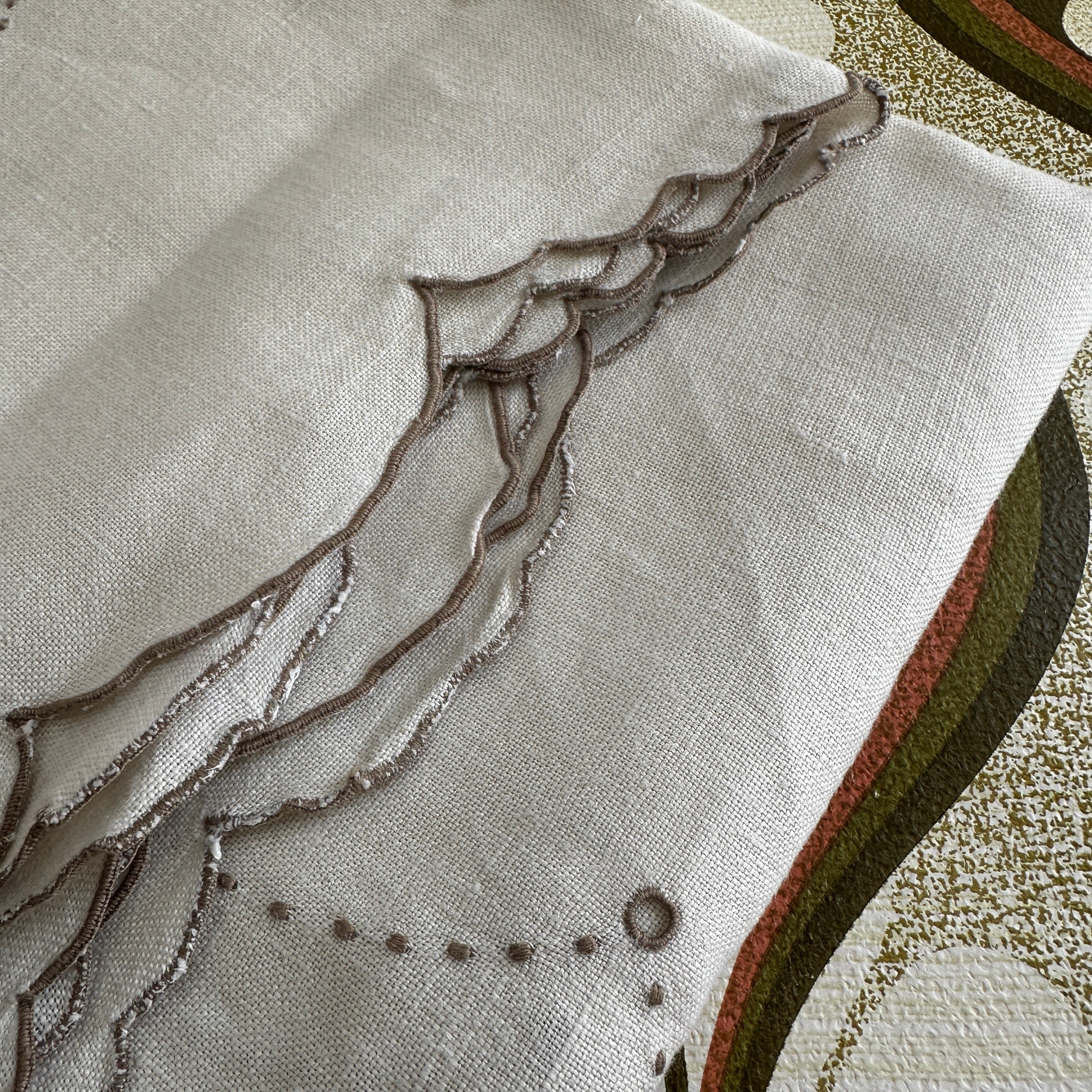 Vintage Linen Embroidered Tablecloth Scalloped Edge