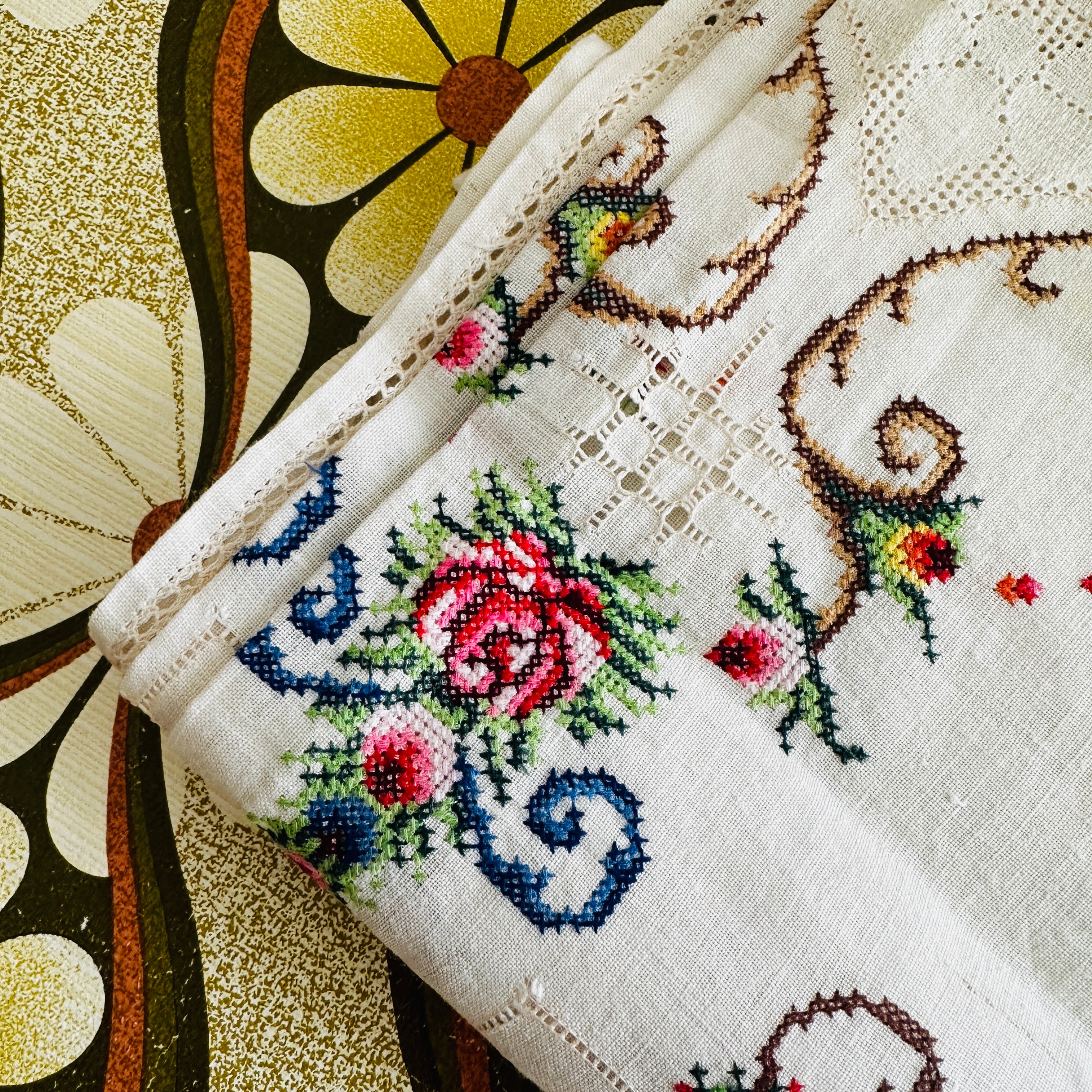 Vintage Linen Embroidered Tablecloth