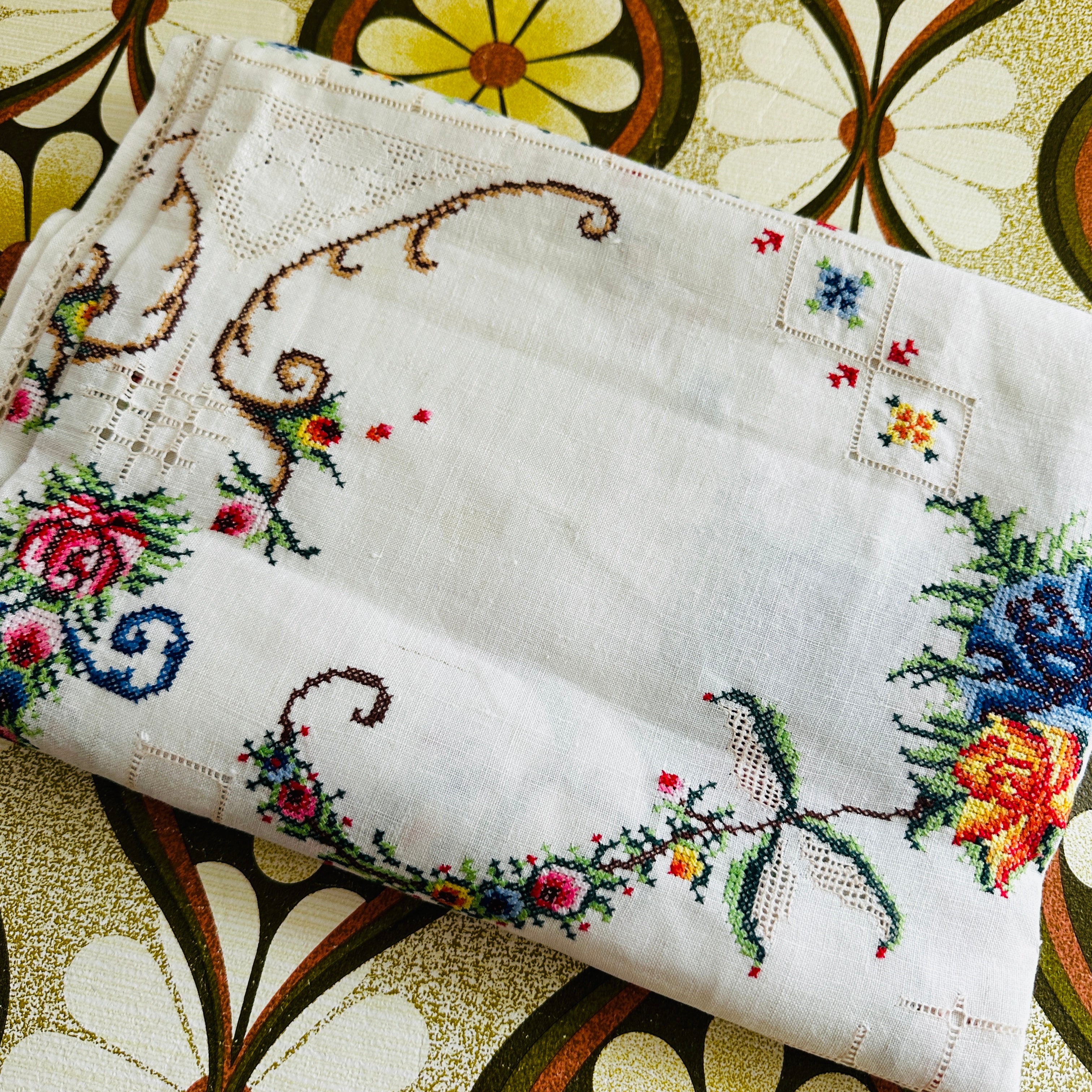 Vintage Linen Embroidered Tablecloth