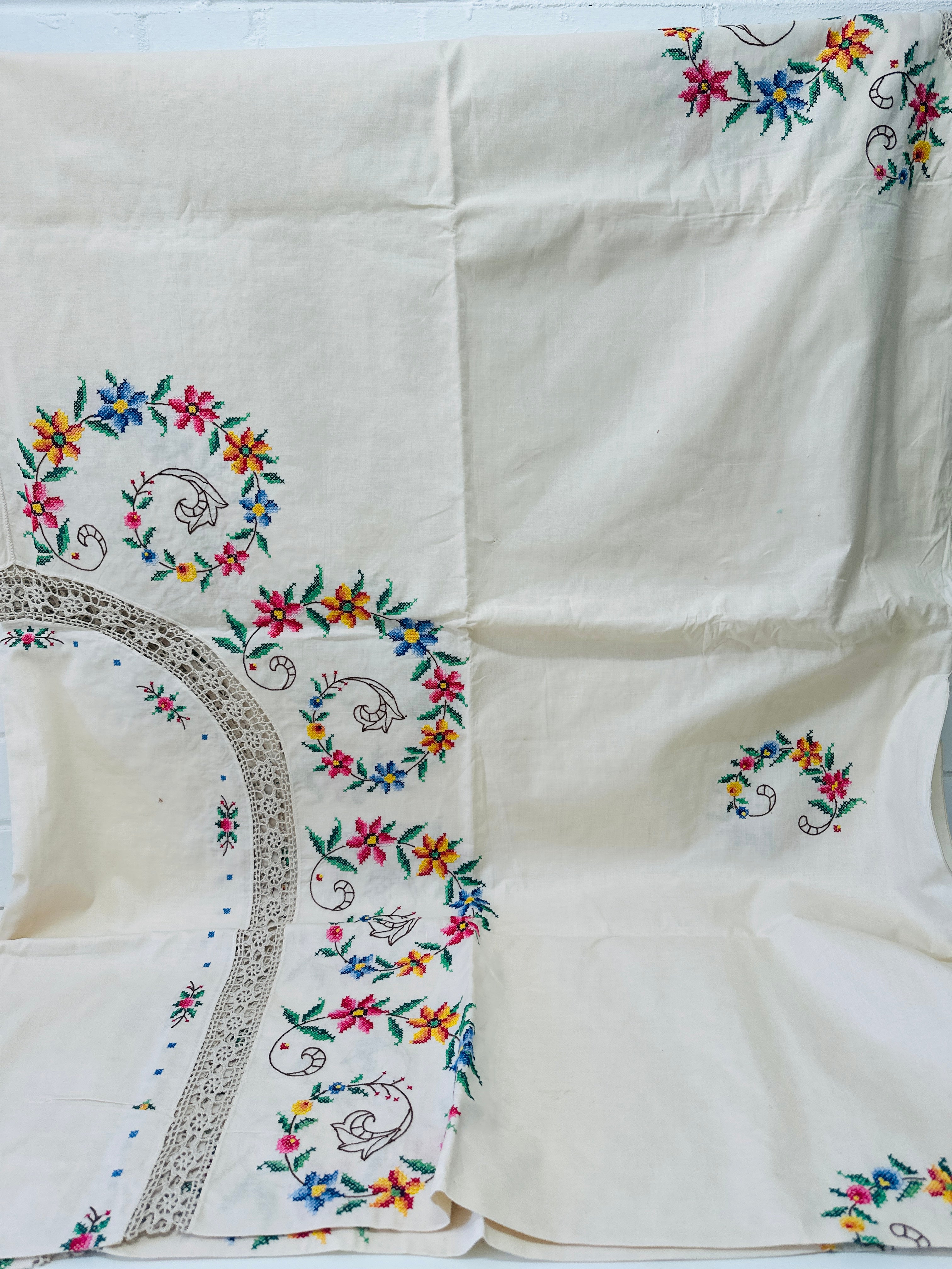 Huge UNUSED Embroidered Tablecloth STUNNING Cotton