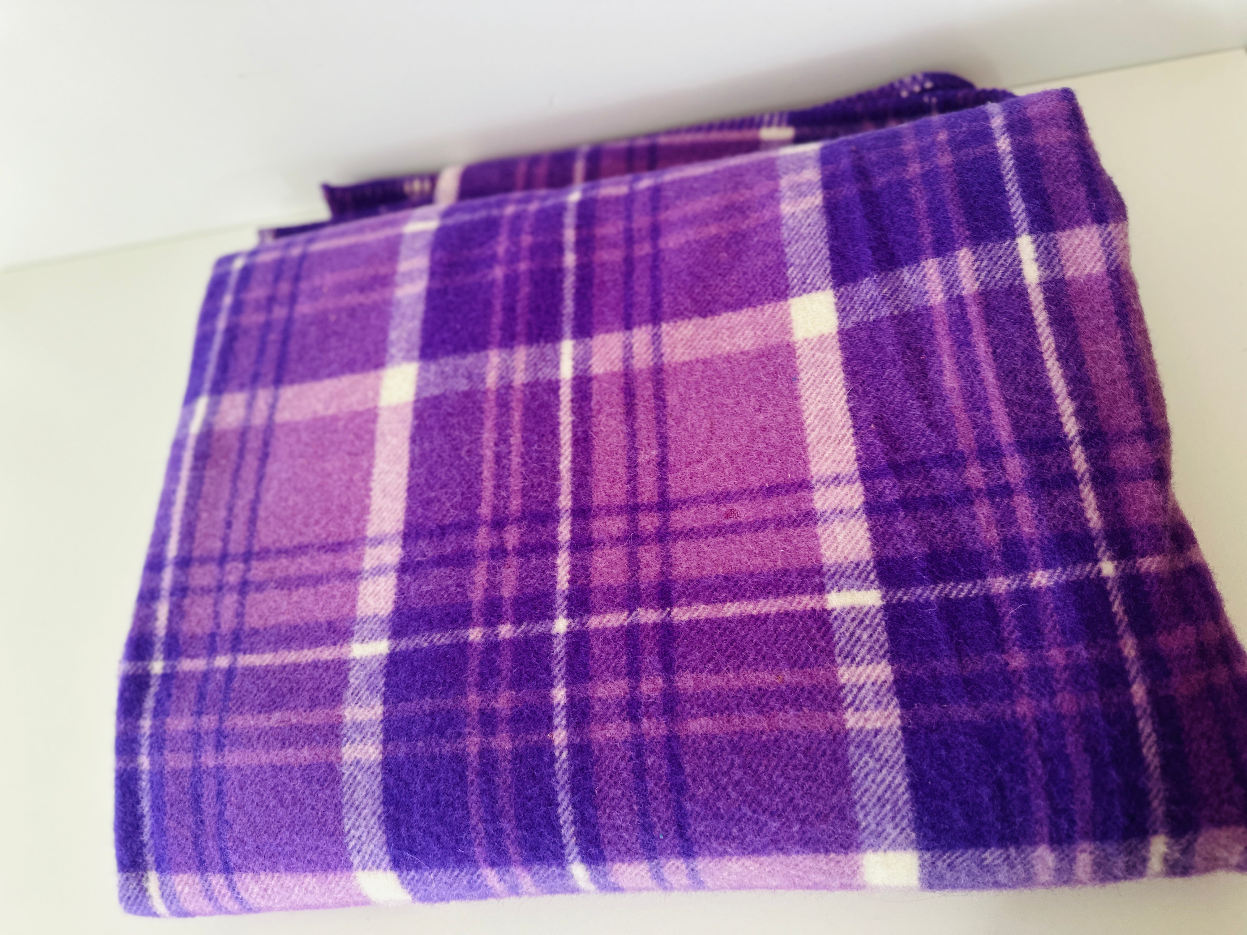 NOS Vintage Purple Checked Blanket Pure New Wool