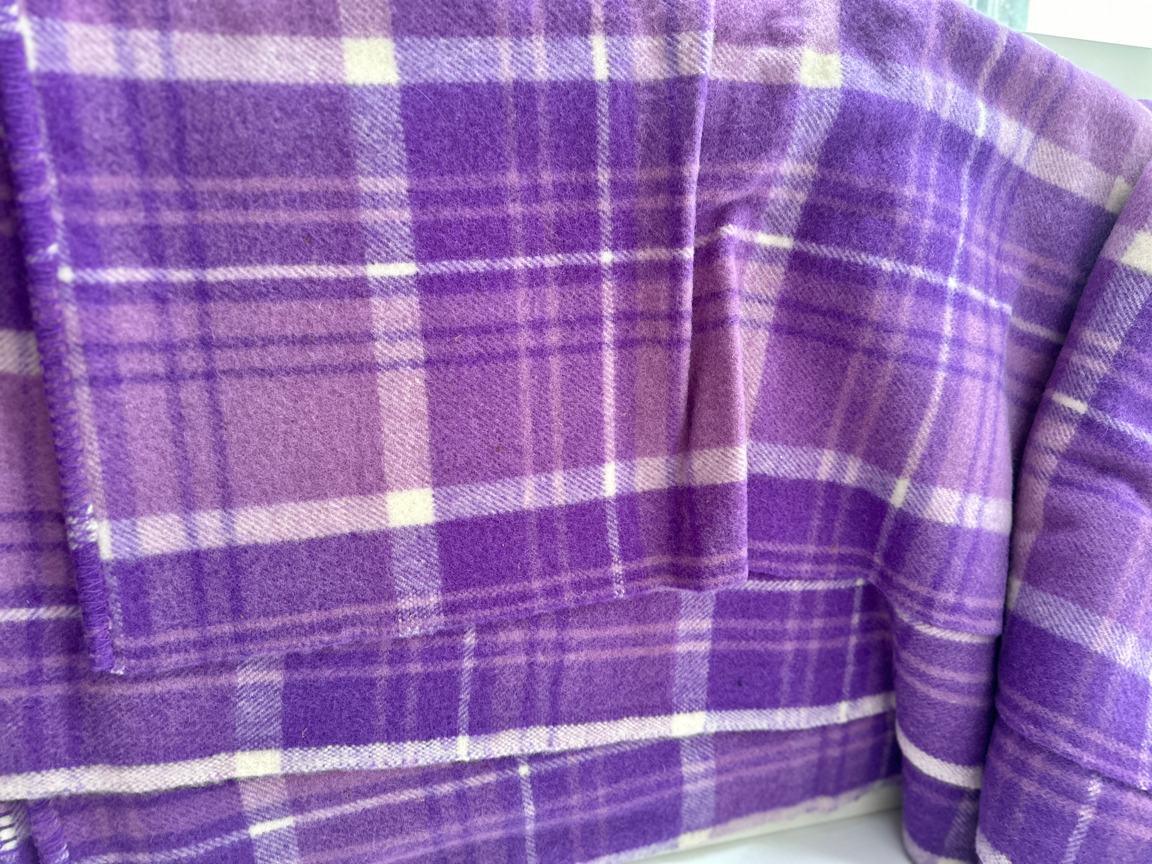 NOS Vintage Purple Checked Blanket Pure New Wool