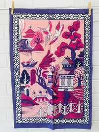 VINTAGE Linen Asian Inspired Tea Towel UNUSED
