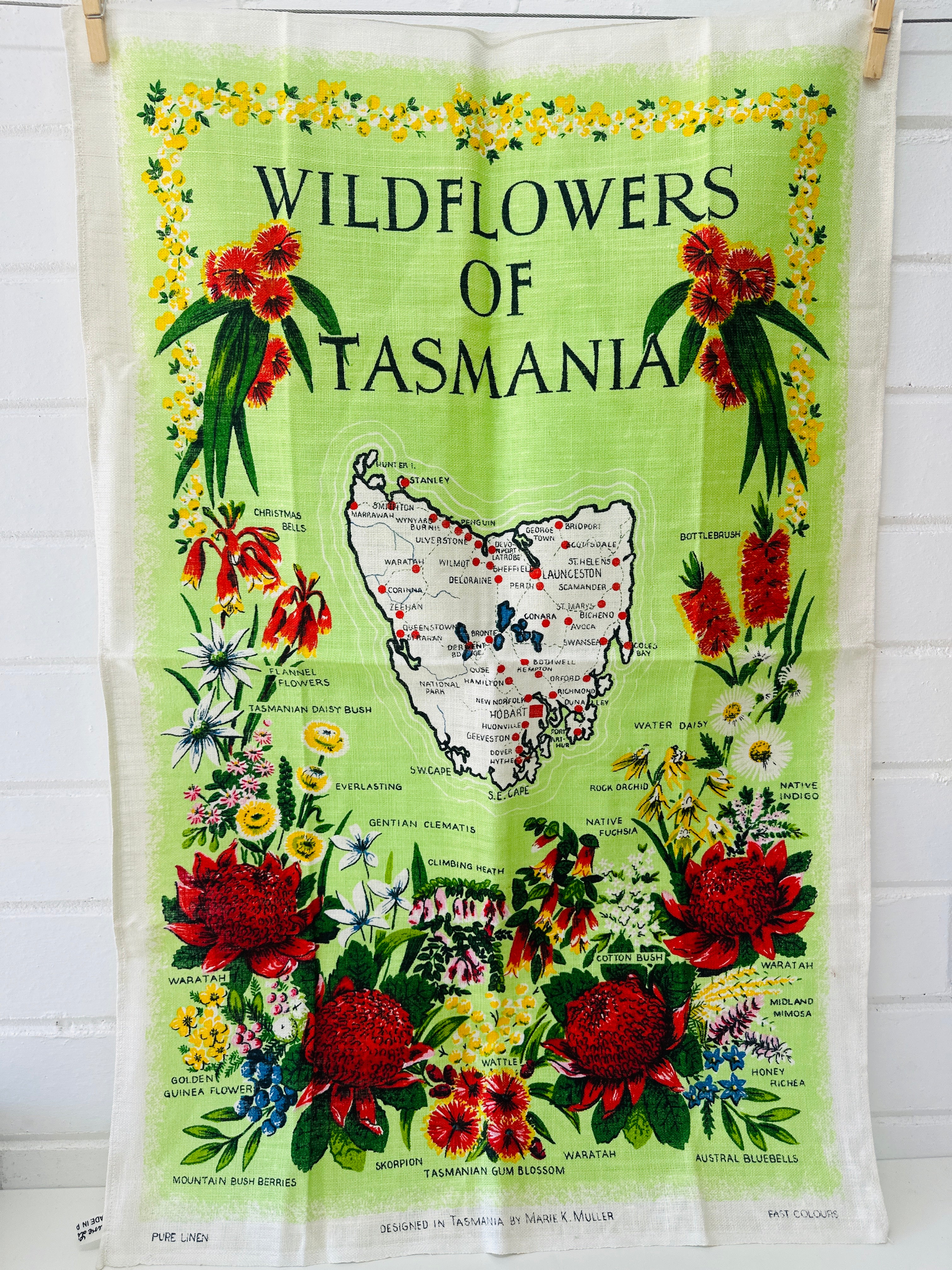 Unused Vintage Wildflower's of Tasmania Tea Towel Poland Linen