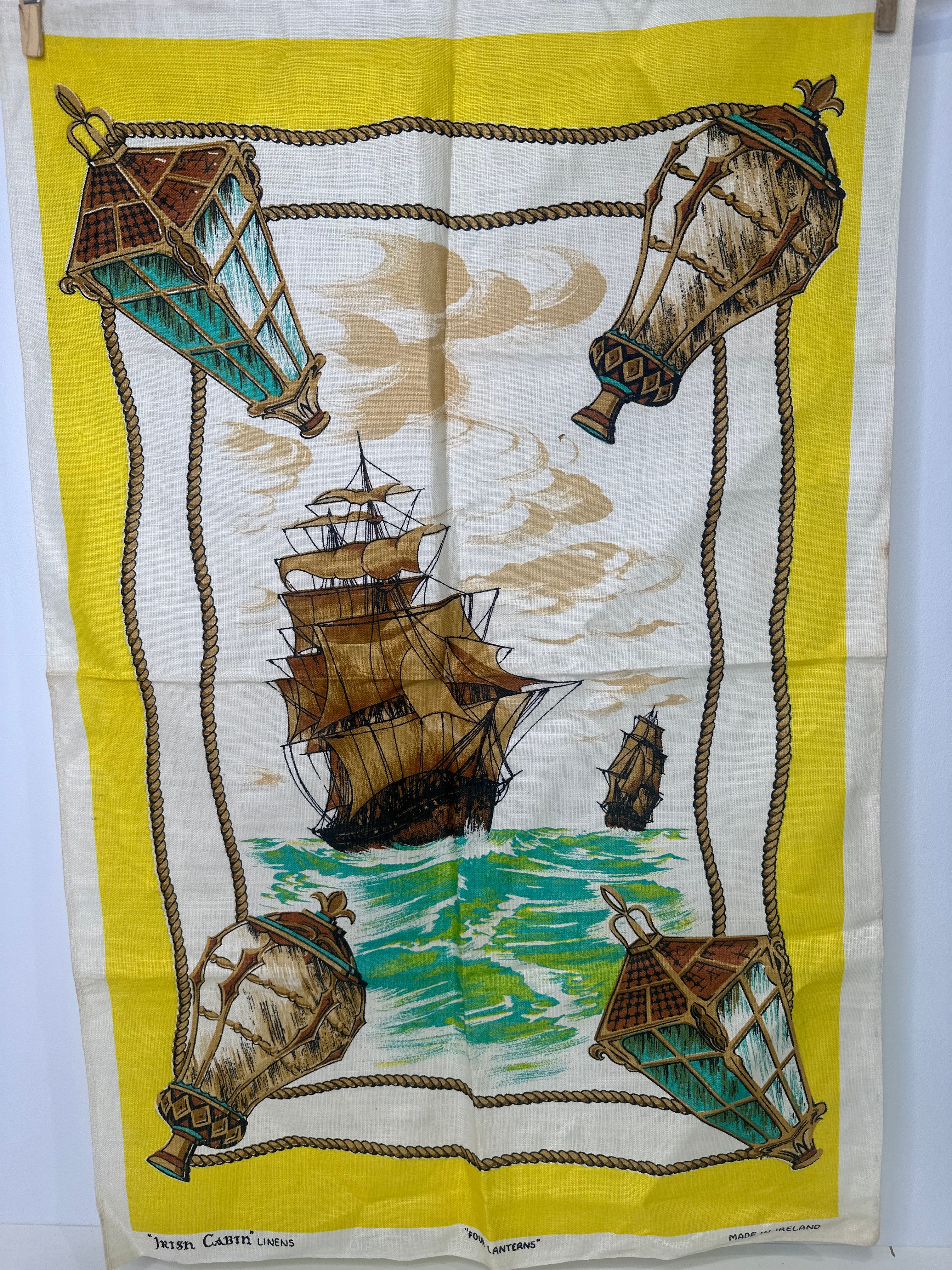 Vintage Irish Cabin Linens Sailing Ship Linen Tea Towel