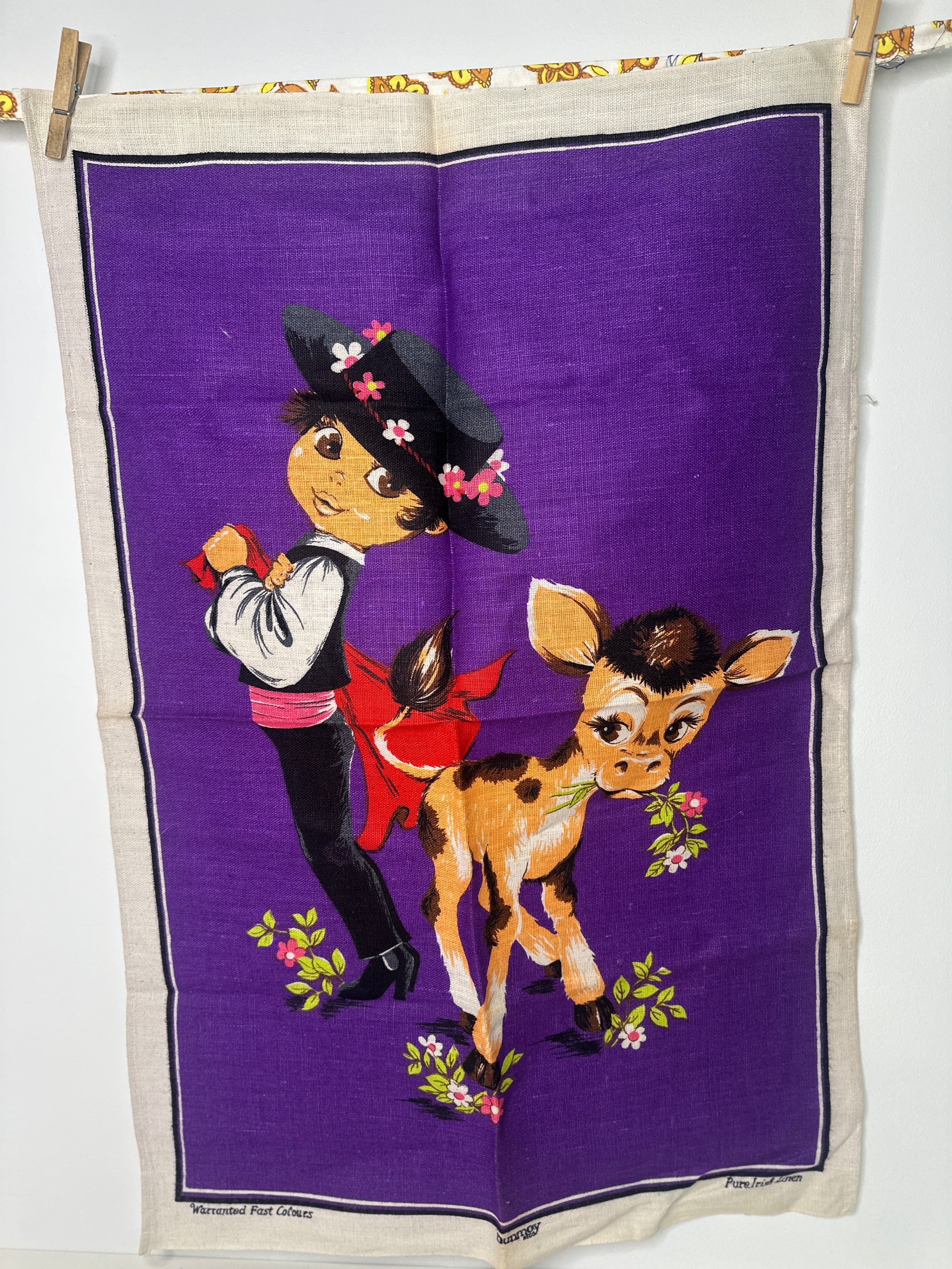 Vintage Dummoy Irish Linen Tea Towel | Purple Girl & Calf
