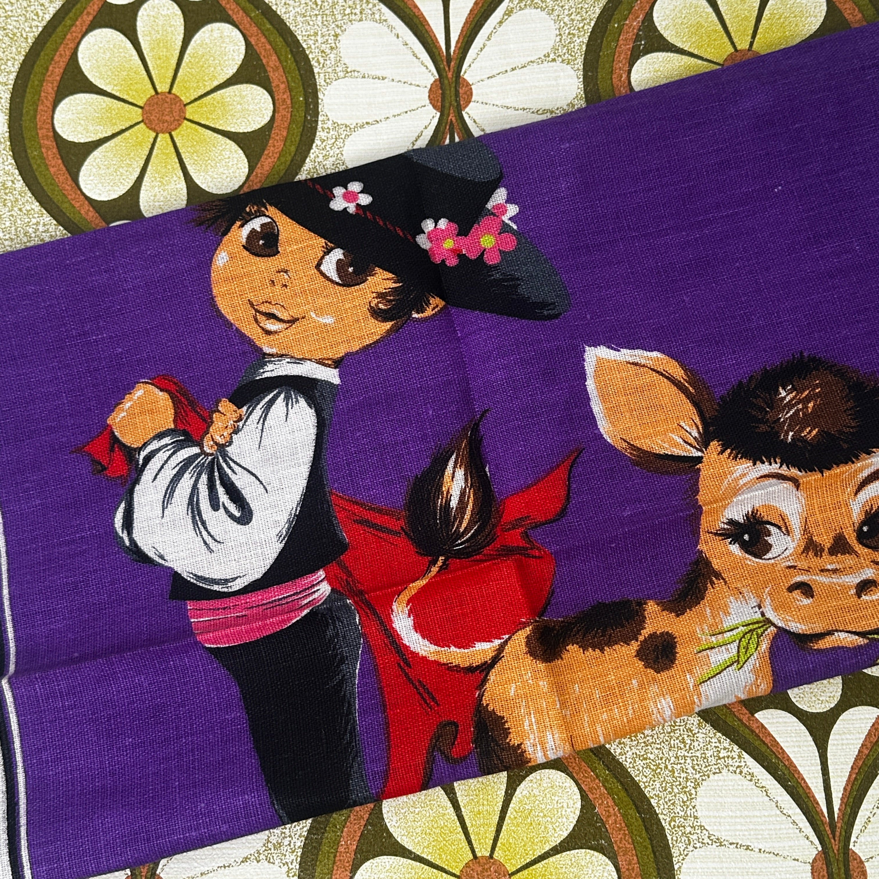 Vintage Dummoy Irish Linen Tea Towel | Purple Girl & Calf