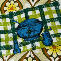 Vintage Handprinted All Linen Tea Towel | Blue Kitchenware | Green Check | Unused