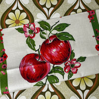 Vintage Handprinted All Linen Tea Towel | Apples & Blossom | Unused
