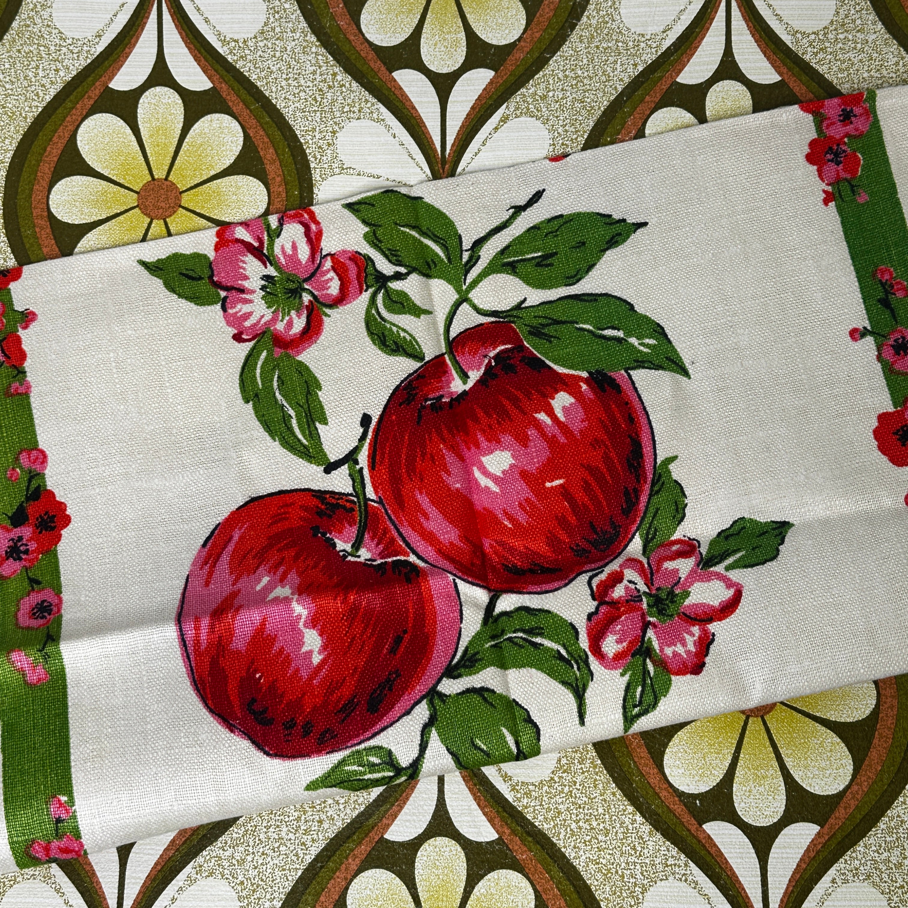 Vintage Handprinted All Linen Tea Towel | Apples & Blossom | Unused