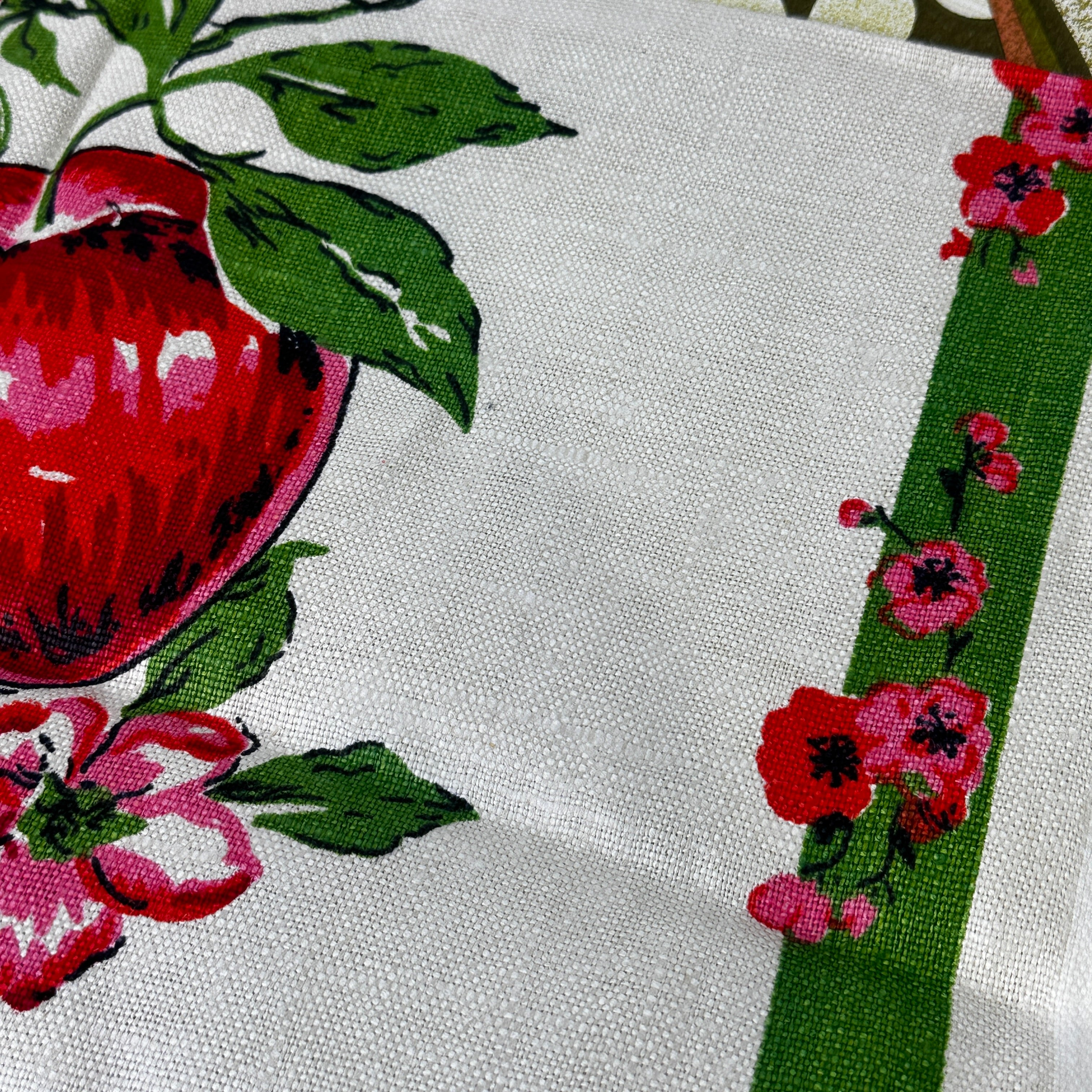 Vintage Handprinted All Linen Tea Towel | Apples & Blossom | Unused