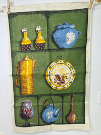 Vintage Handprinted All Linen Tea Towel | Retro Kitchen Shelf | Unused
