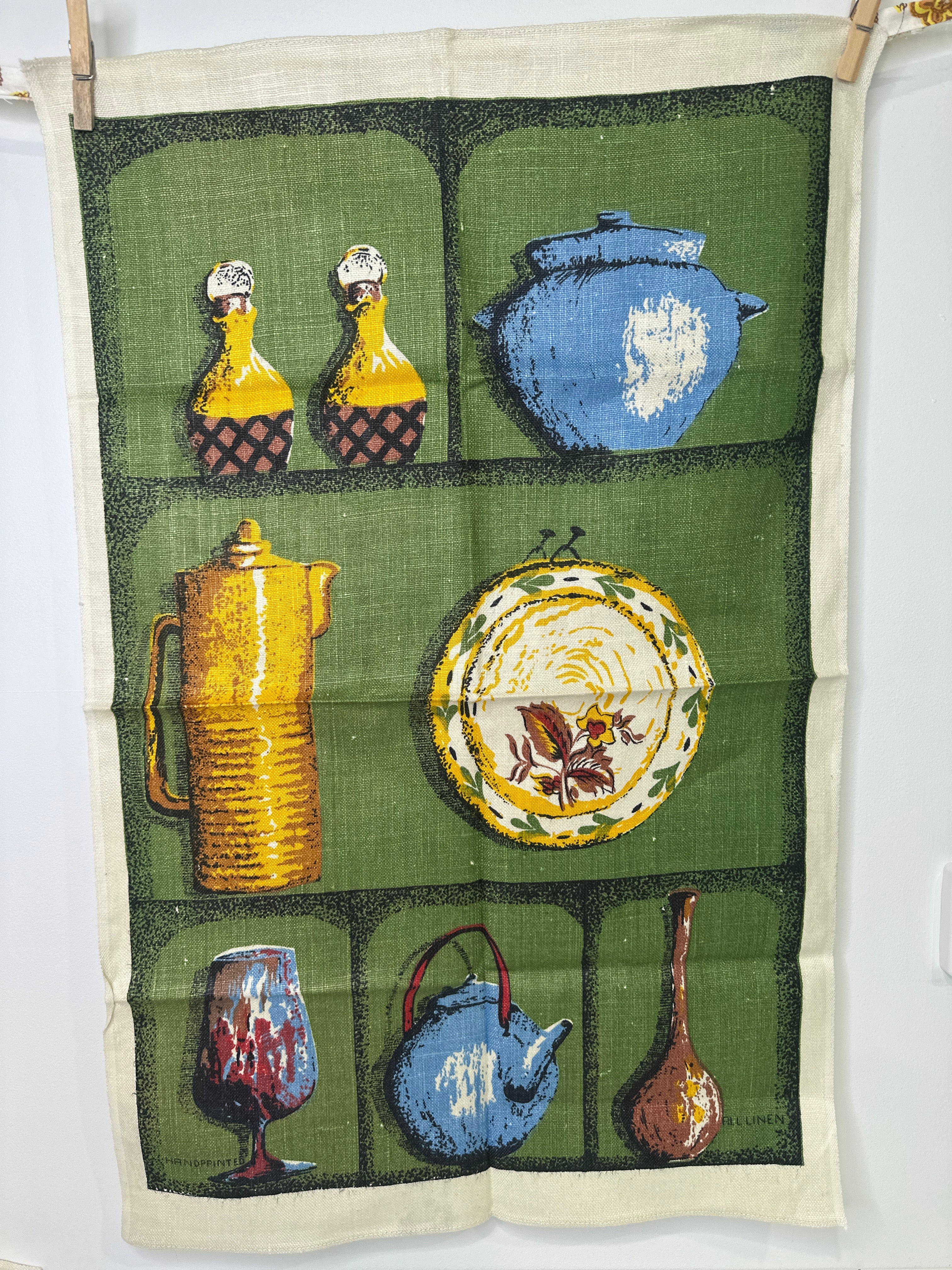 Vintage Handprinted All Linen Tea Towel | Retro Kitchen Shelf | Unused
