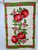 Vintage Handprinted All Linen Tea Towel | Apples & Blossom | Unused
