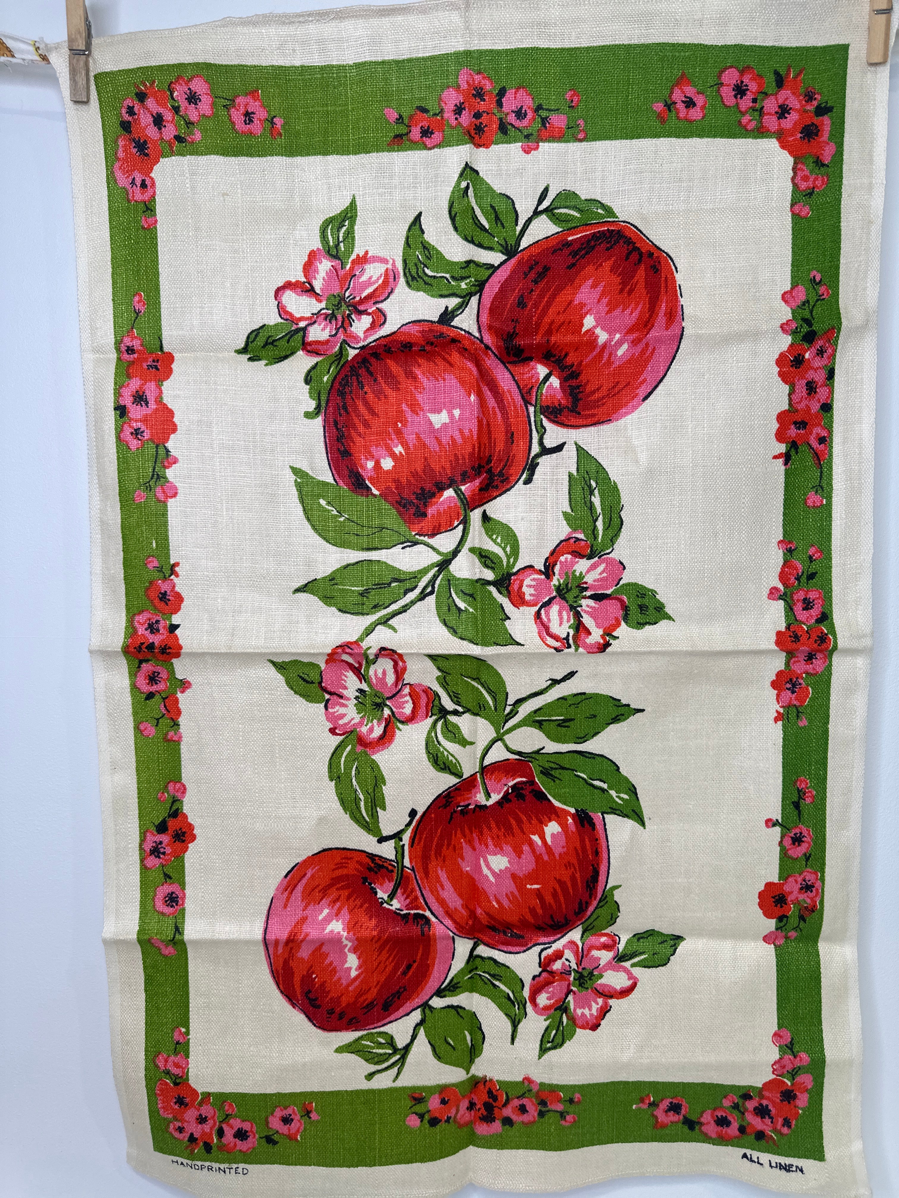 Vintage Handprinted All Linen Tea Towel | Apples & Blossom | Unused