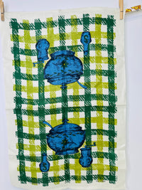 Vintage Handprinted All Linen Tea Towel | Blue Kitchenware | Green Check | Unused
