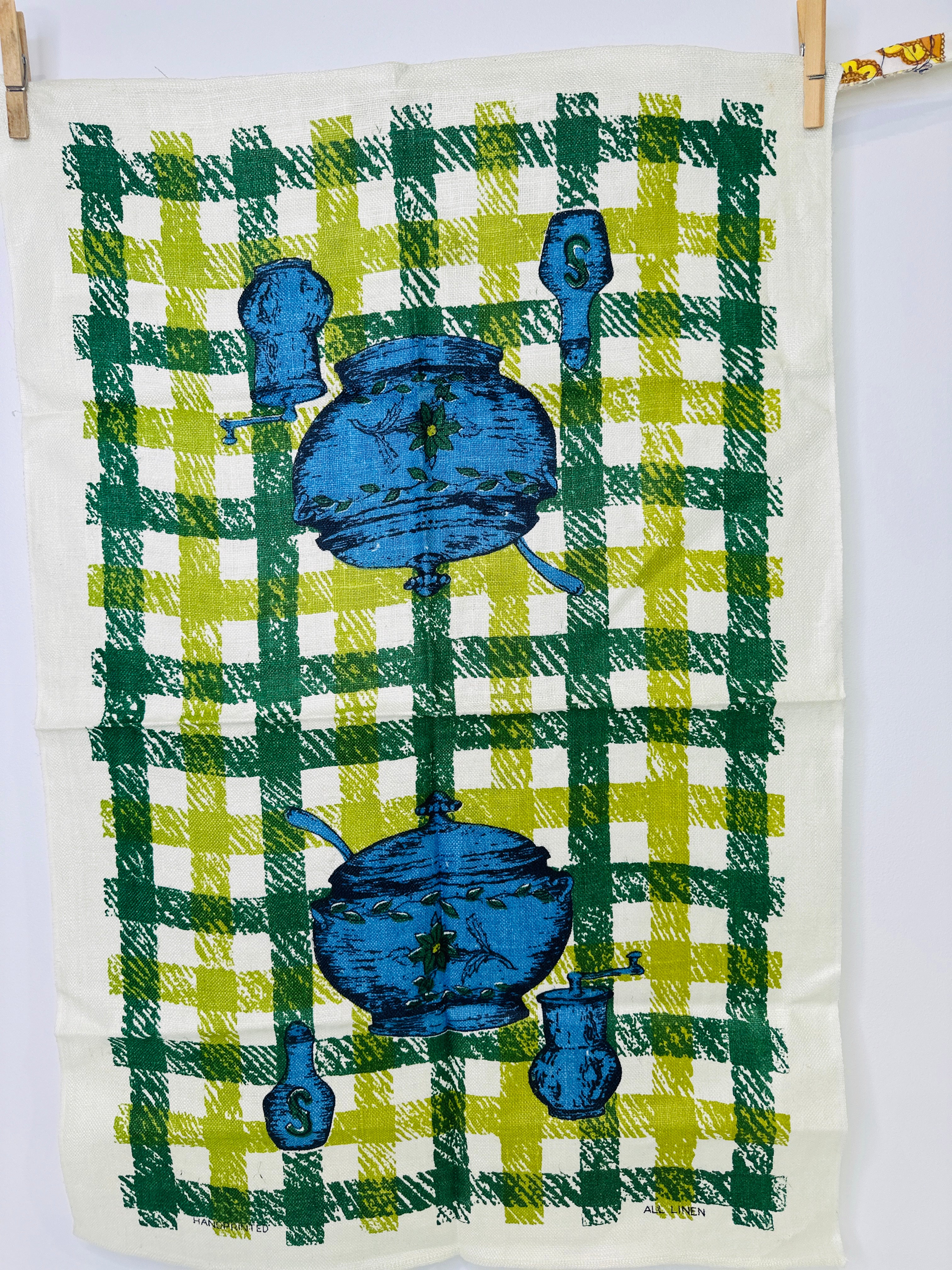 Vintage Handprinted All Linen Tea Towel | Blue Kitchenware | Green Check | Unused