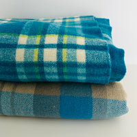 Vintage Blue & Grey Plaid Wool Blanket Imperfect