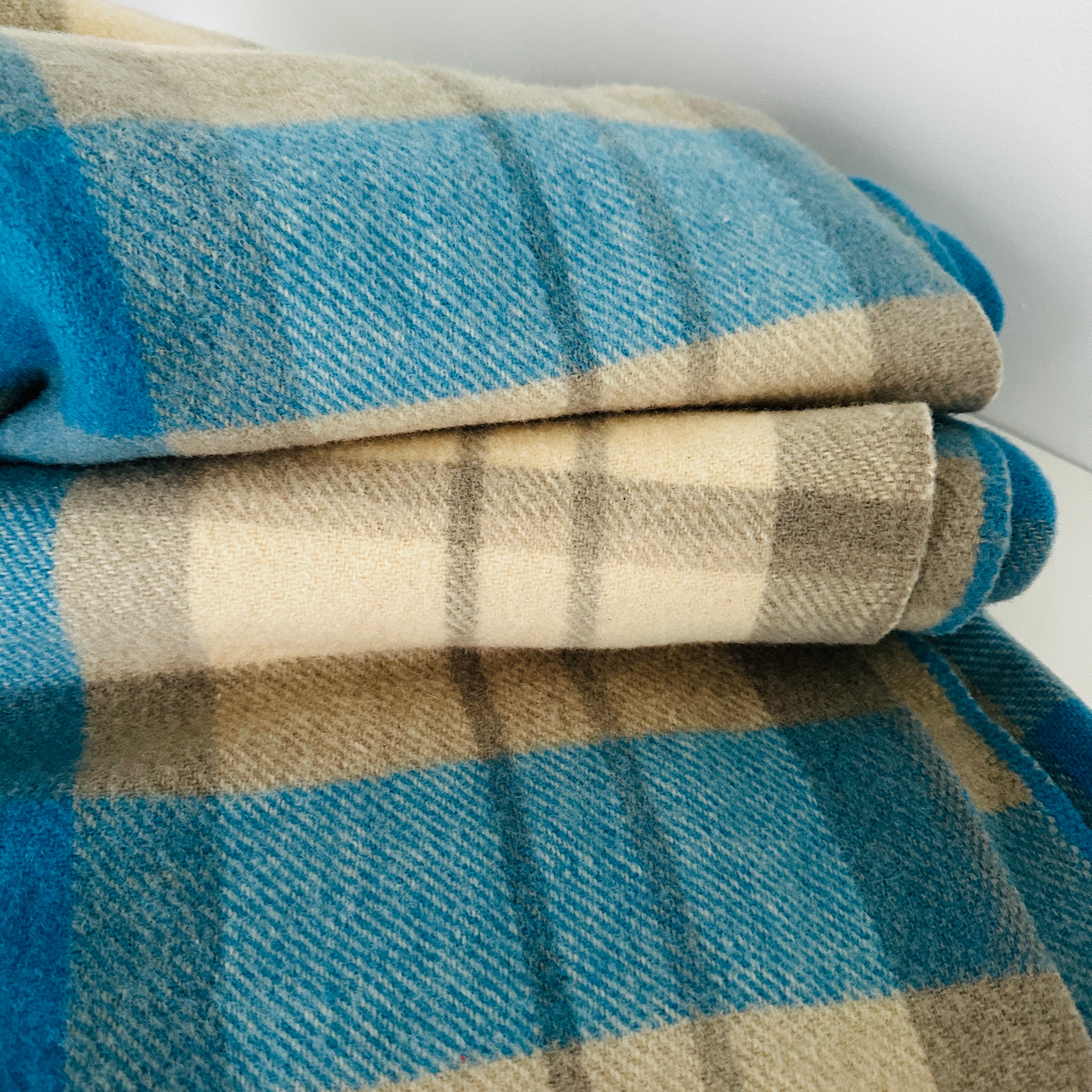Vintage Blue & Grey Plaid Wool Blanket Imperfect