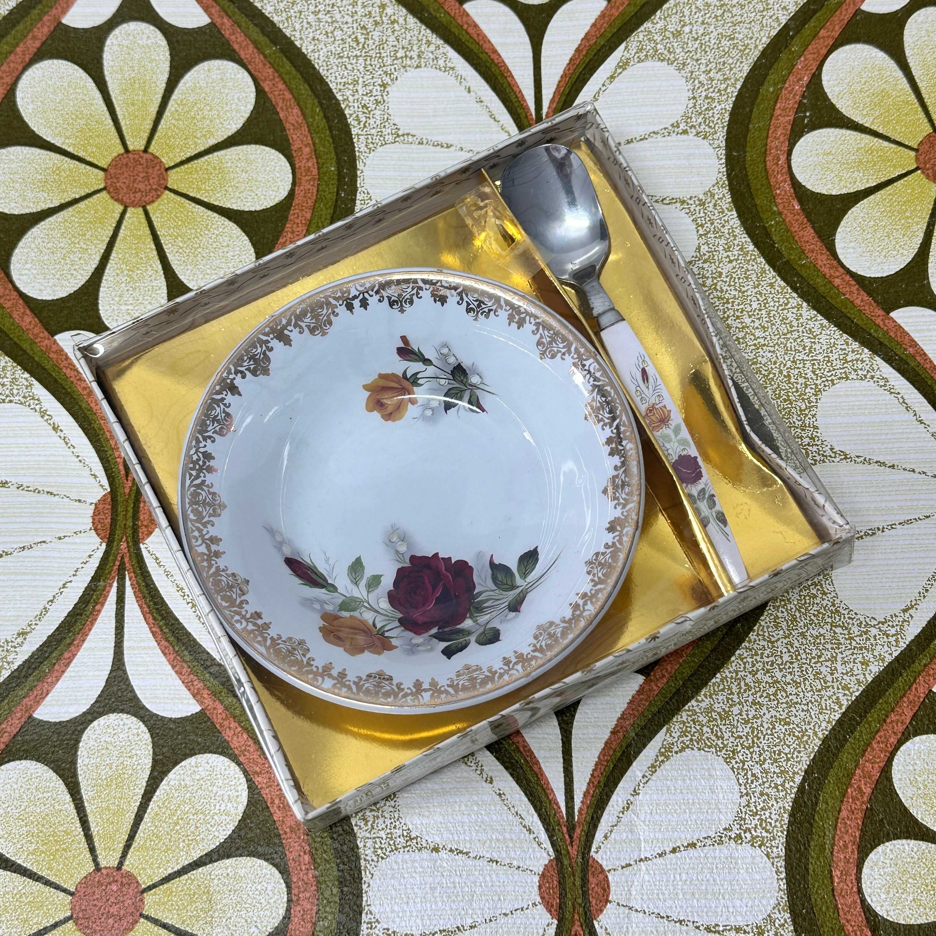 Cute Roses Boxed Vintage Dish & Spoon